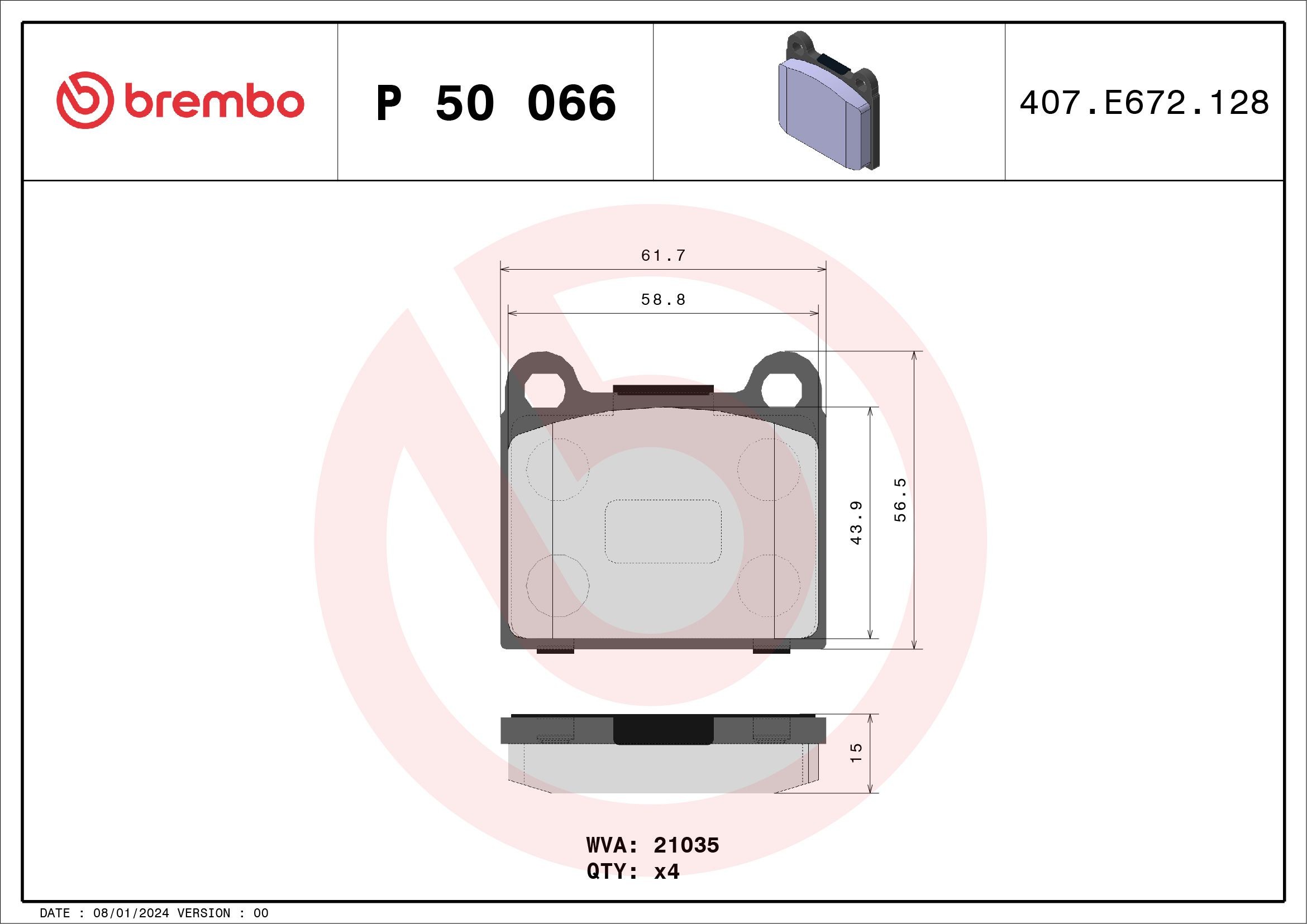 P50066 Set of brake pads D31736 BREMBO excl. wear warning contact, without accessories