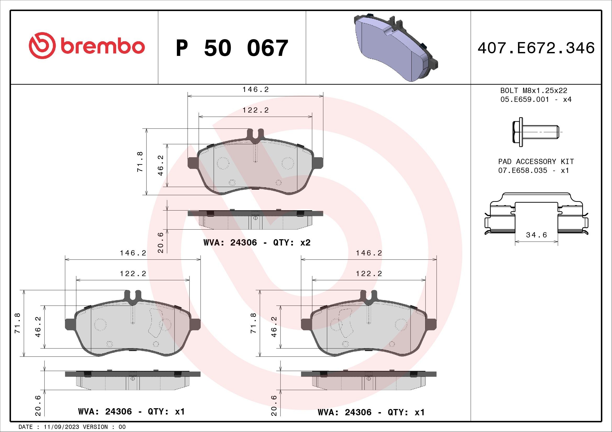 P50067 Set of brake pads D13408451 BREMBO PRIME LINE - Ring, prepared for wear indicator, with brake caliper screws, with accessories