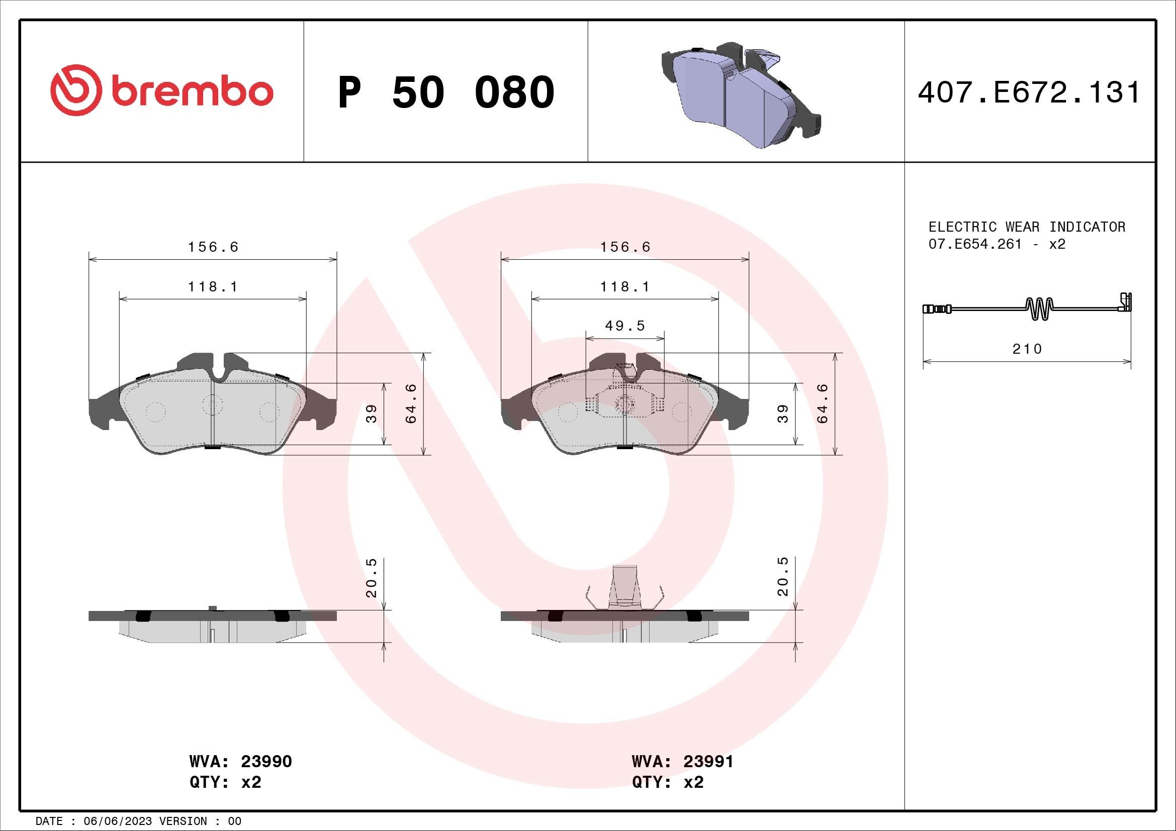 P50080 Set of brake pads D1177 8293 BREMBO incl. wear warning contact, with piston clip, without accessories
