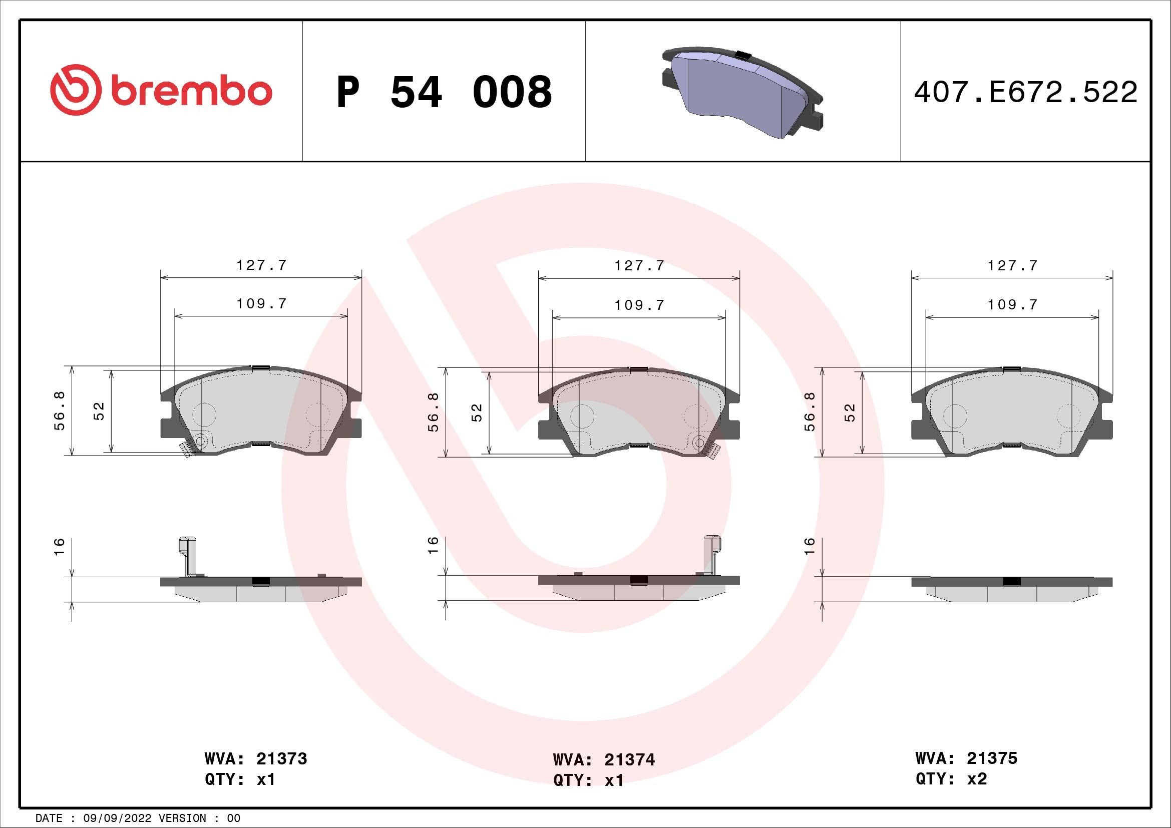 21373 BREMBO with acoustic wear warning, without accessories Height: 57mm, Width: 128mm, Thickness: 17mm Brake pads P 54 008 buy