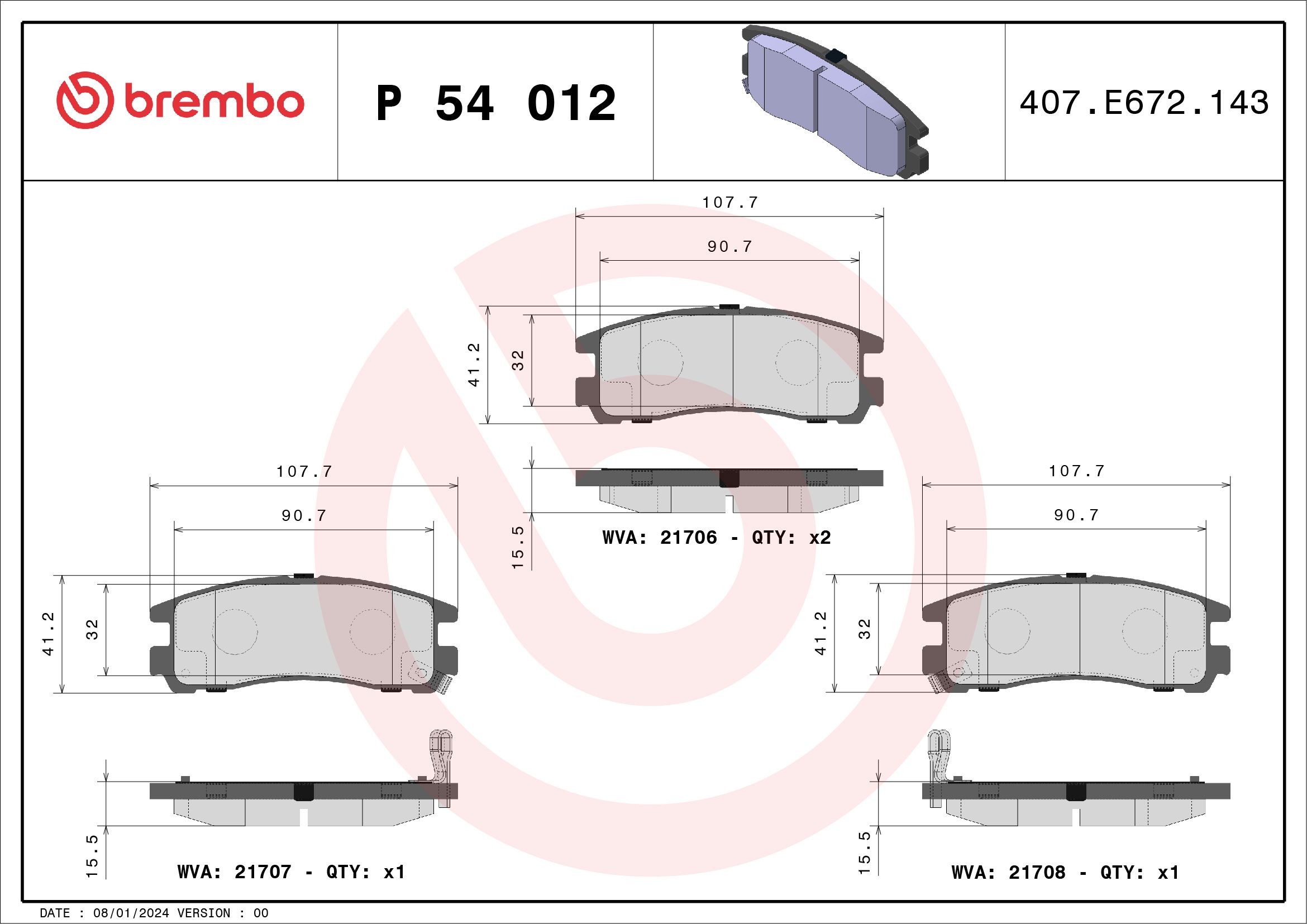 21706 BREMBO with acoustic wear warning, without accessories Height: 41mm, Width: 108mm, Thickness: 16mm Brake pads P 54 012 buy