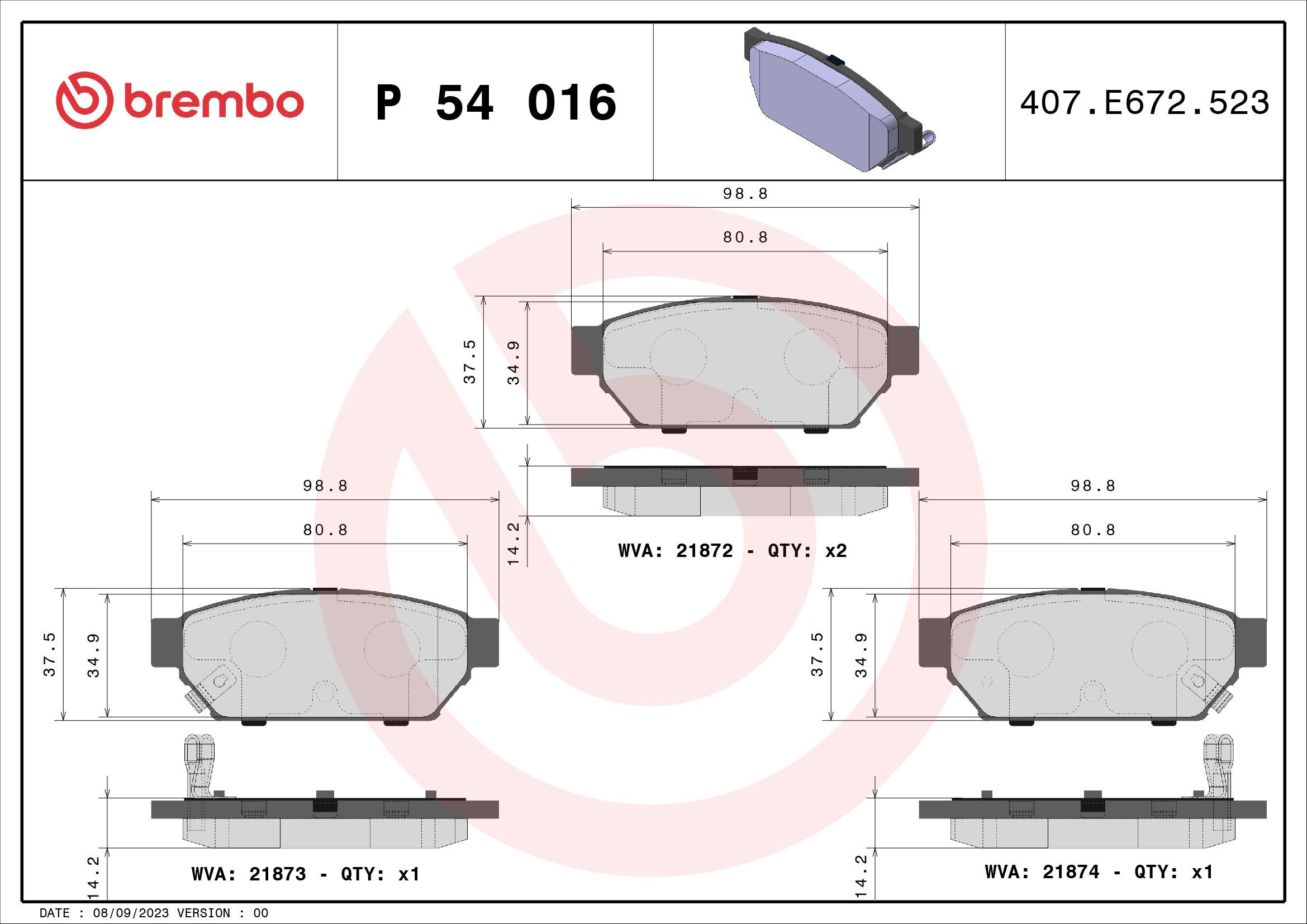 21872 BREMBO P54016 Brake pad set MR 389565