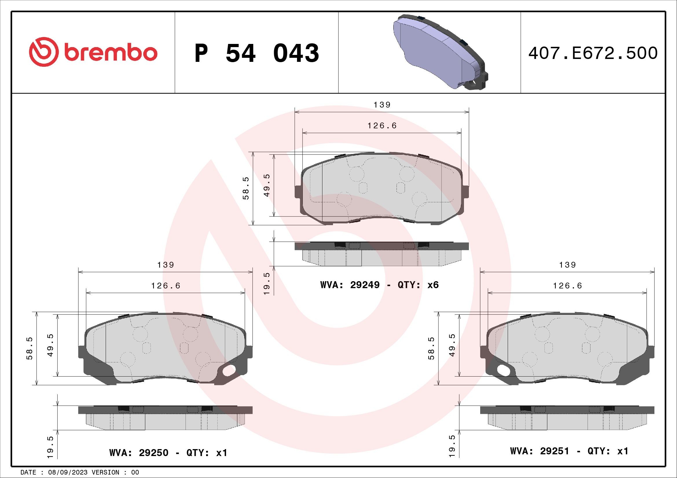 29249 BREMBO prepared for wear indicator, without accessories Height: 59mm, Width: 139mm, Thickness: 19mm Brake pads P 54 043 buy