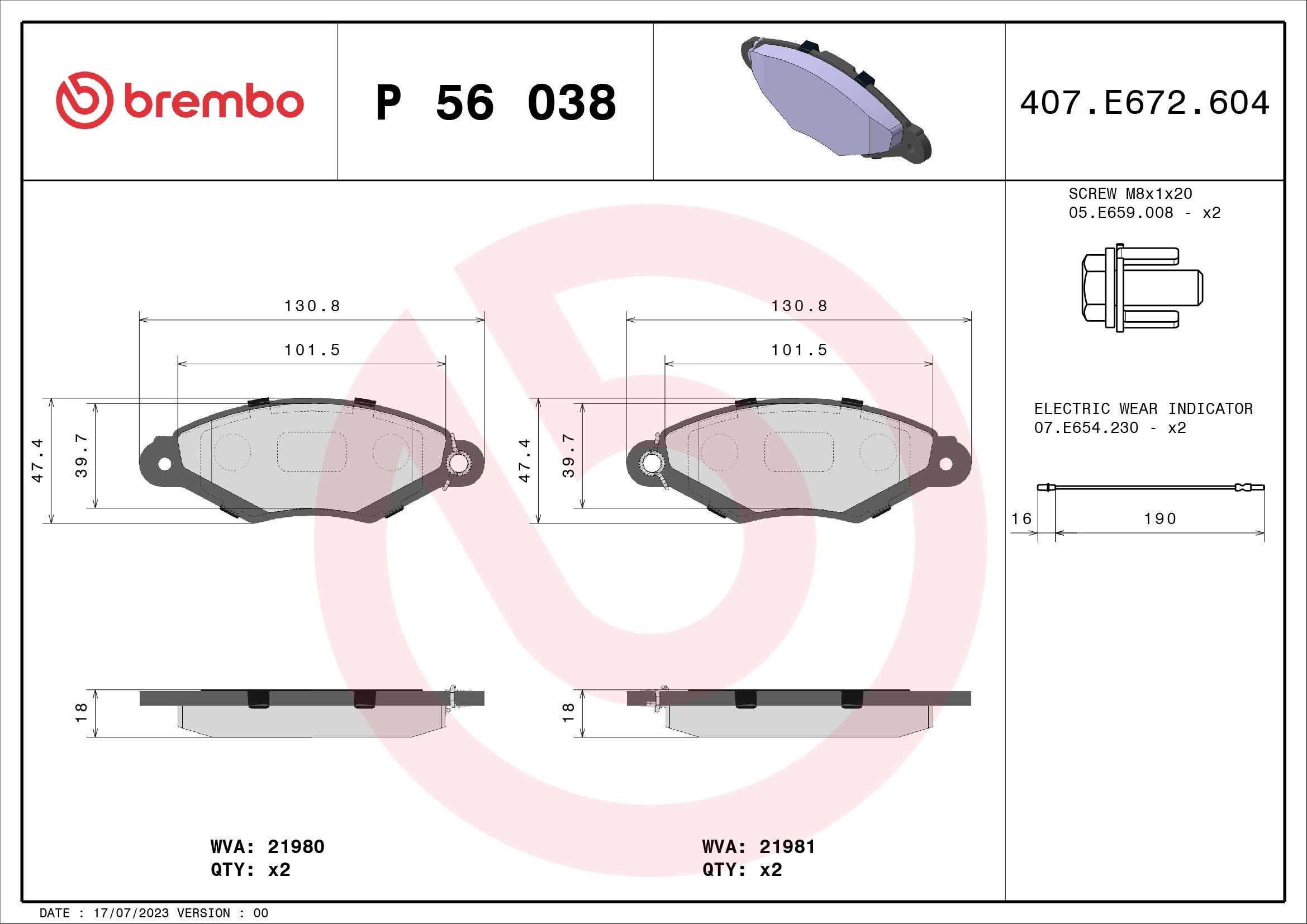 OEM-quality BREMBO P 56 038 Disc pads
