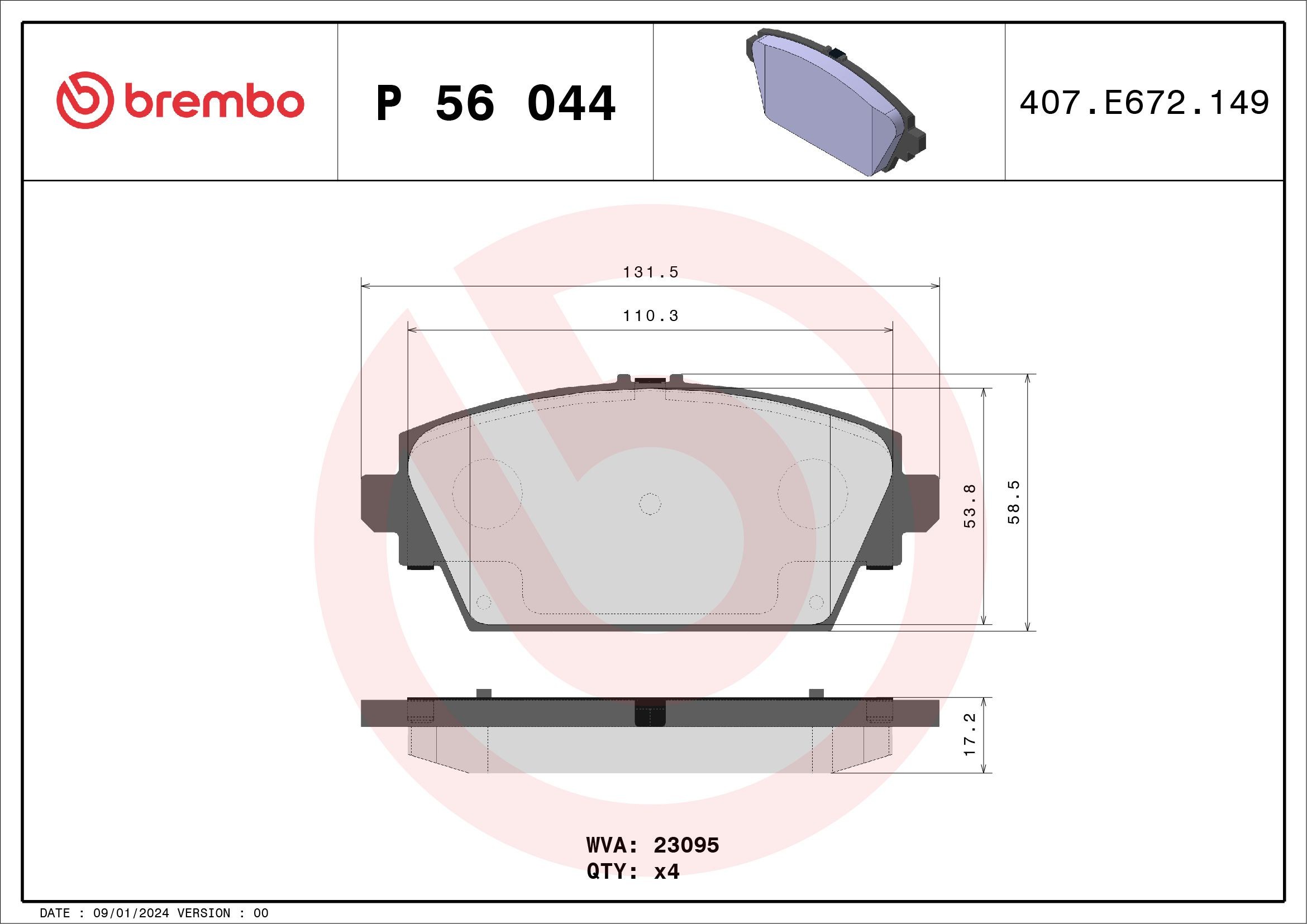 P 56 044 BREMBO 23095 Brake pad set excl. wear warning contact, without  accessories ▷ AUTODOC price and review