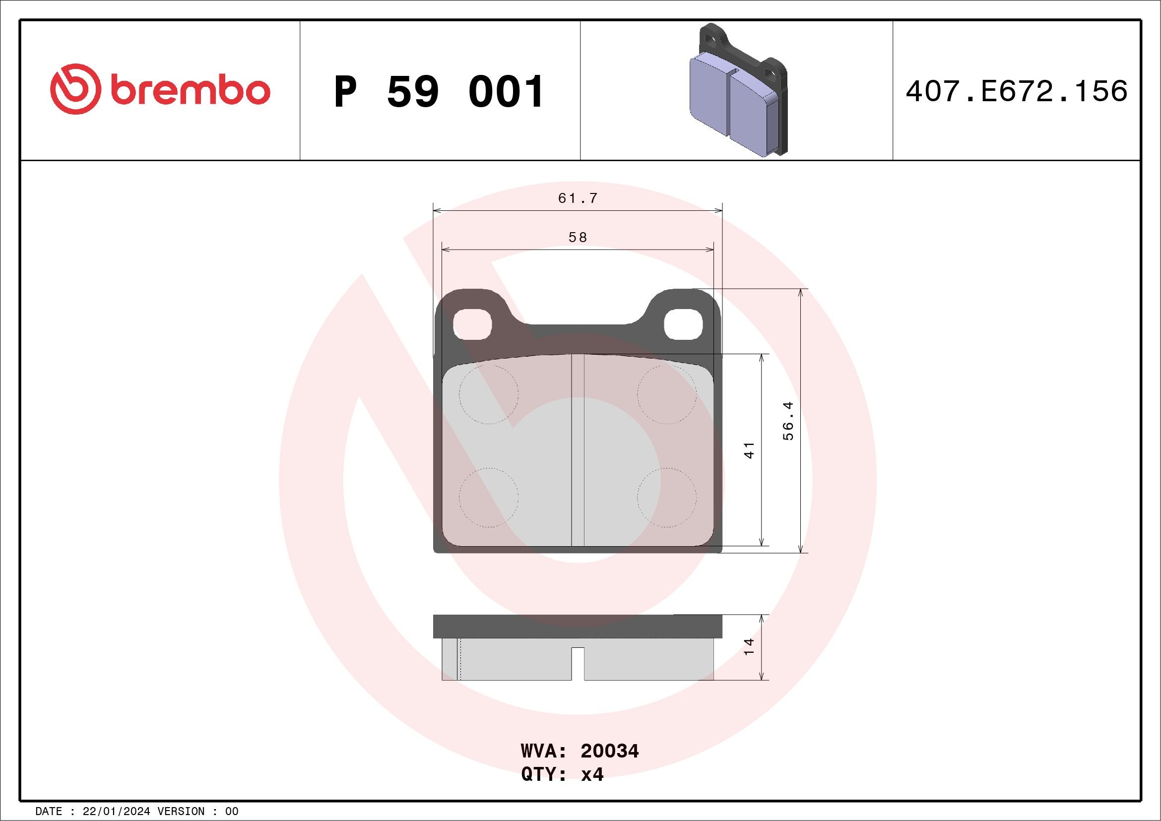 20034 BREMBO excl. wear warning contact, without accessories Height: 57mm, Width: 62mm, Thickness: 15mm Brake pads P 59 001 buy