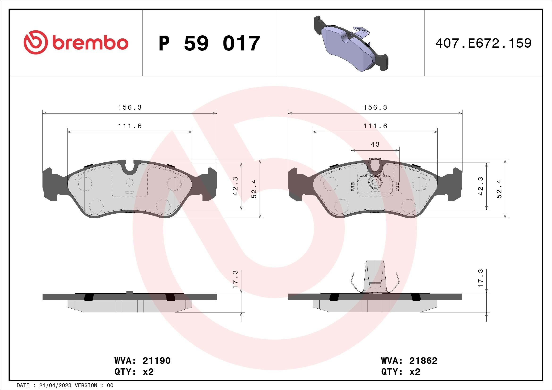 P59017 Set of brake pads D796 7666 BREMBO prepared for wear indicator, with piston clip, without accessories