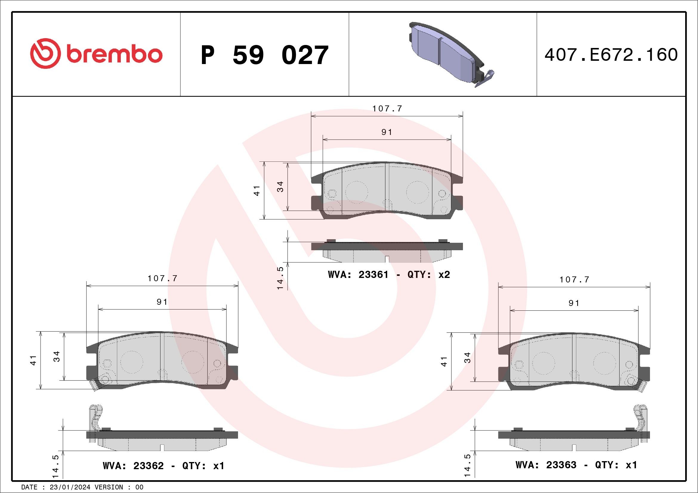 23361 BREMBO P59027 Brake pad set 1605939