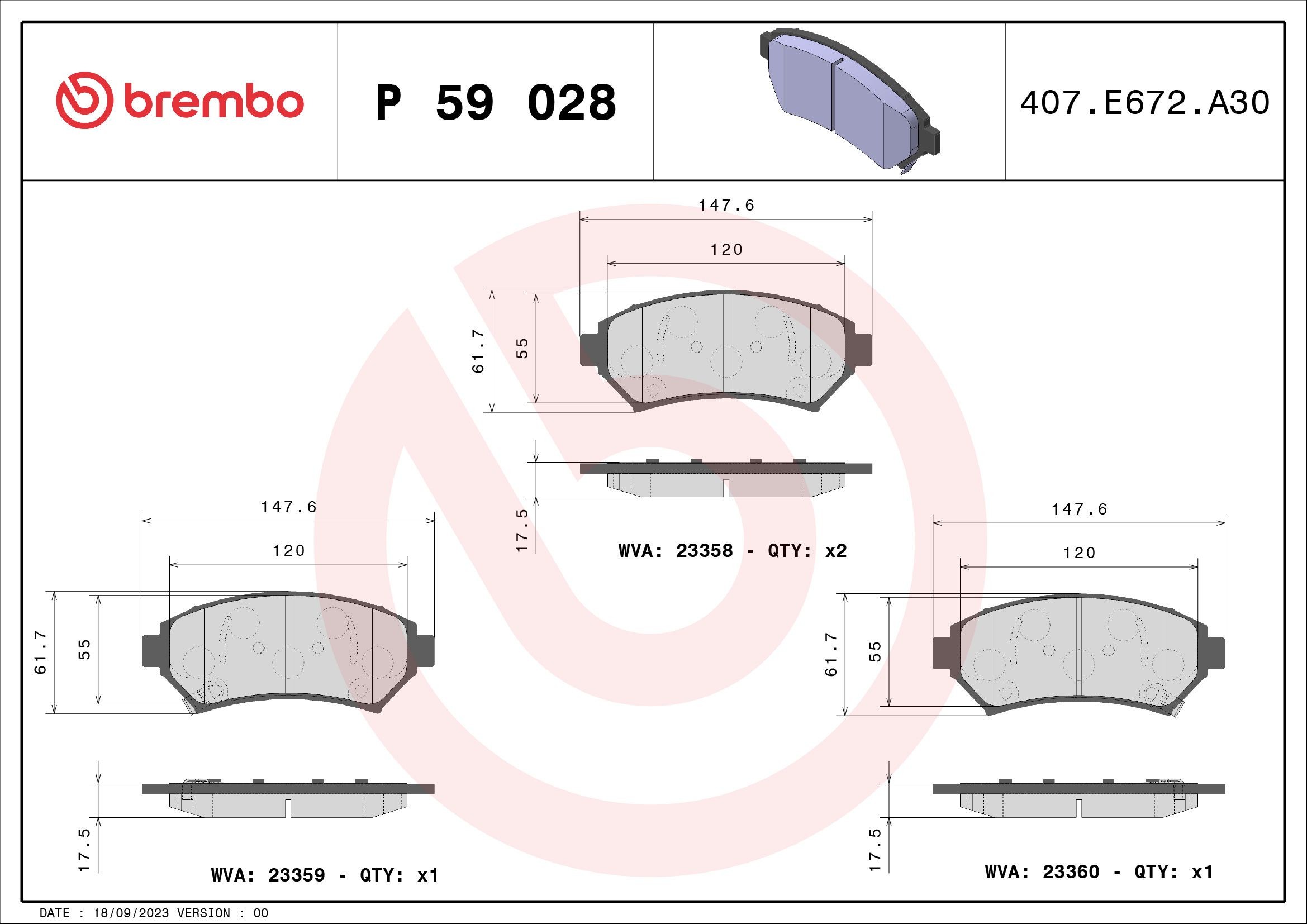 23358 BREMBO P59028 Brake pad set 18029828