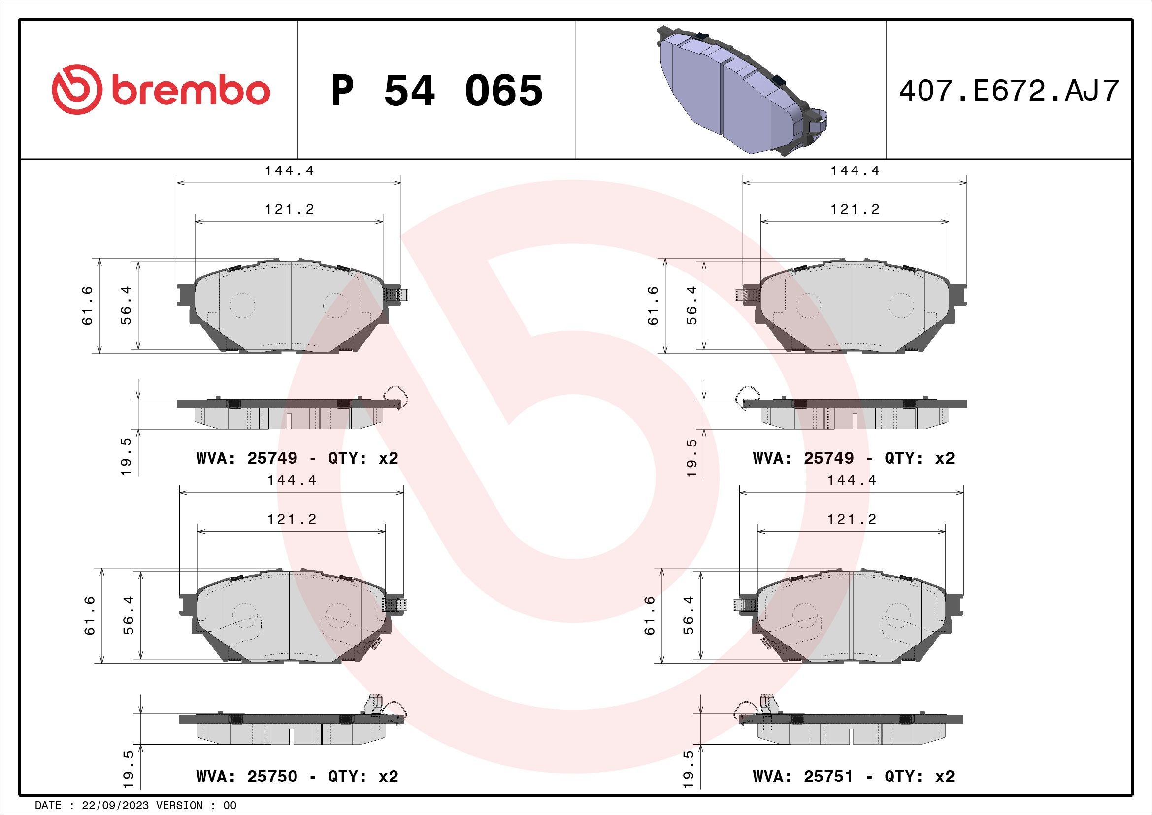 BREMBO with acoustic wear warning, with anti-squeak plate, with accessories Height: 62mm, Width: 145mm, Thickness: 20mm Brake pads P 54 065 buy