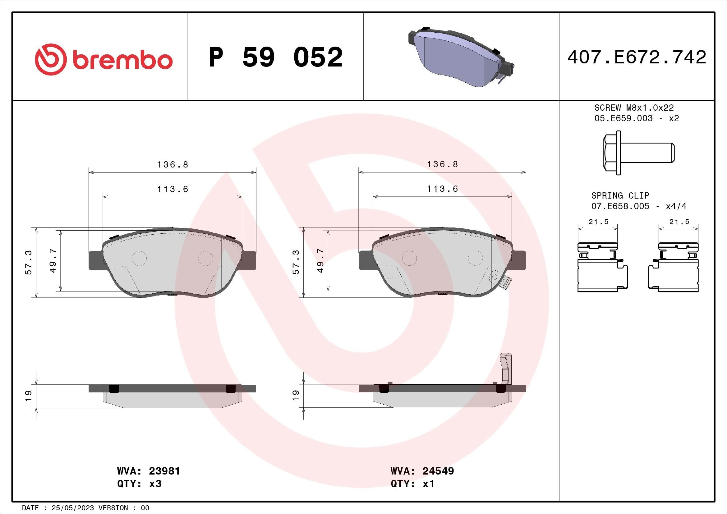 P59052 Set of brake pads D1618 8921 BREMBO with acoustic wear warning, with brake caliper screws, with accessories