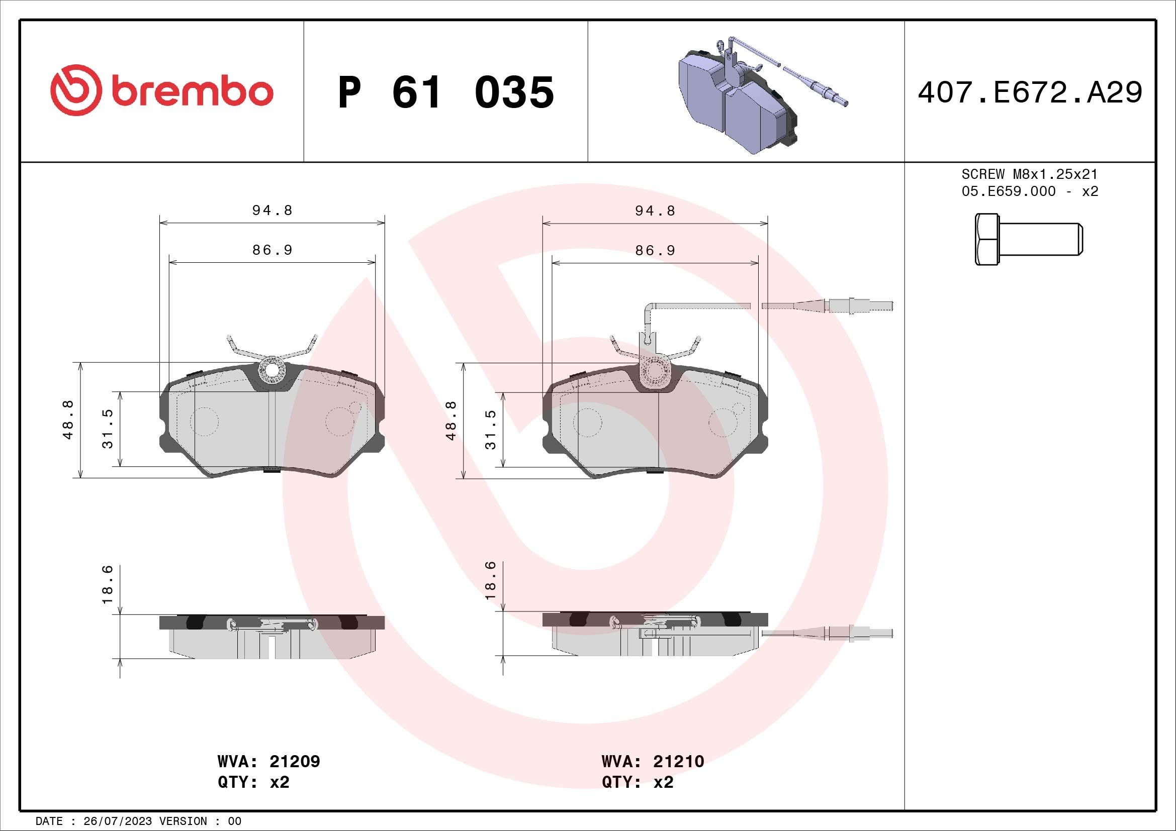 21209 BREMBO P61035 Brake pad set 4250-95