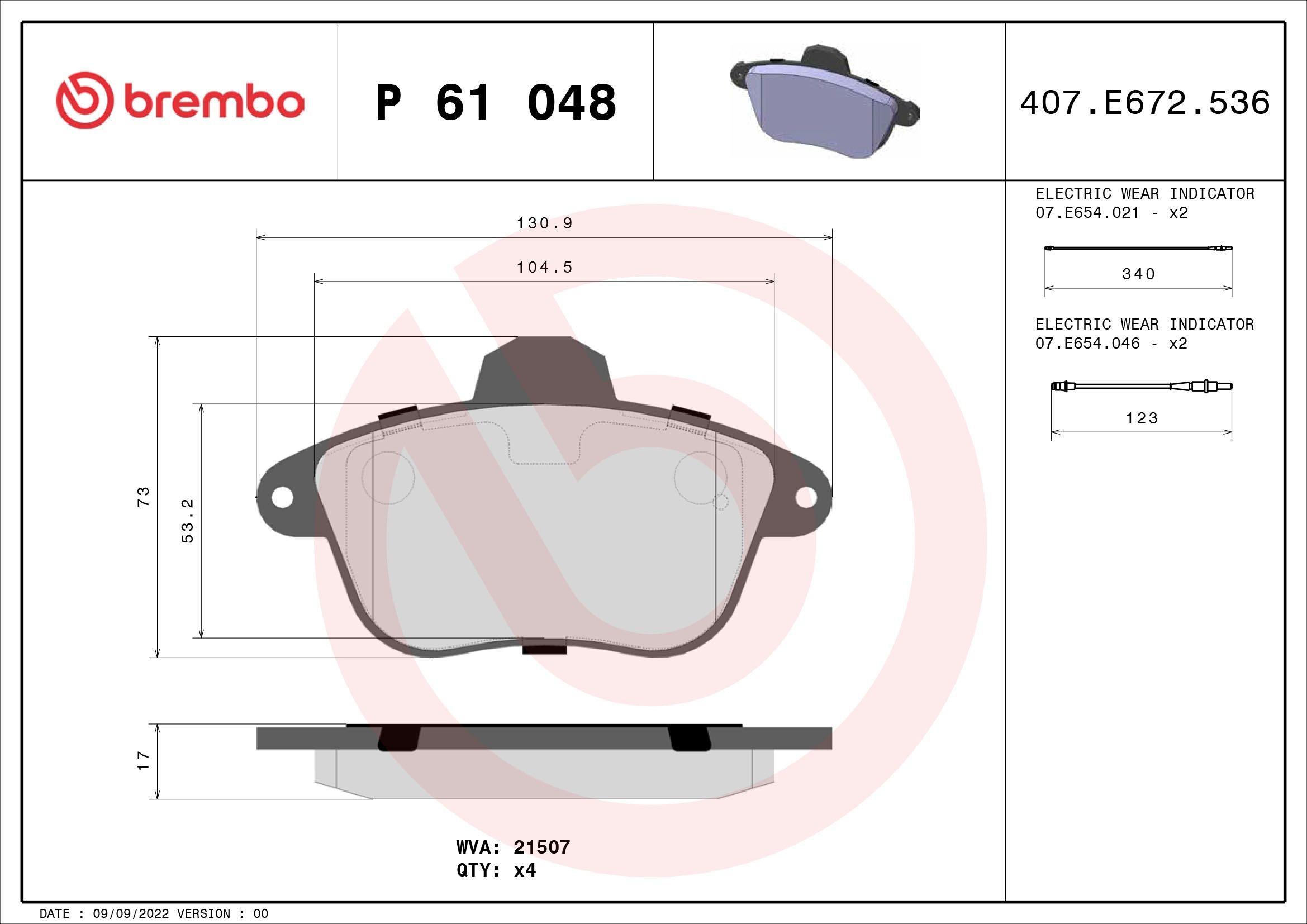 BREMBO P 61 048 Brake pad set incl. wear warning contact, without accessories