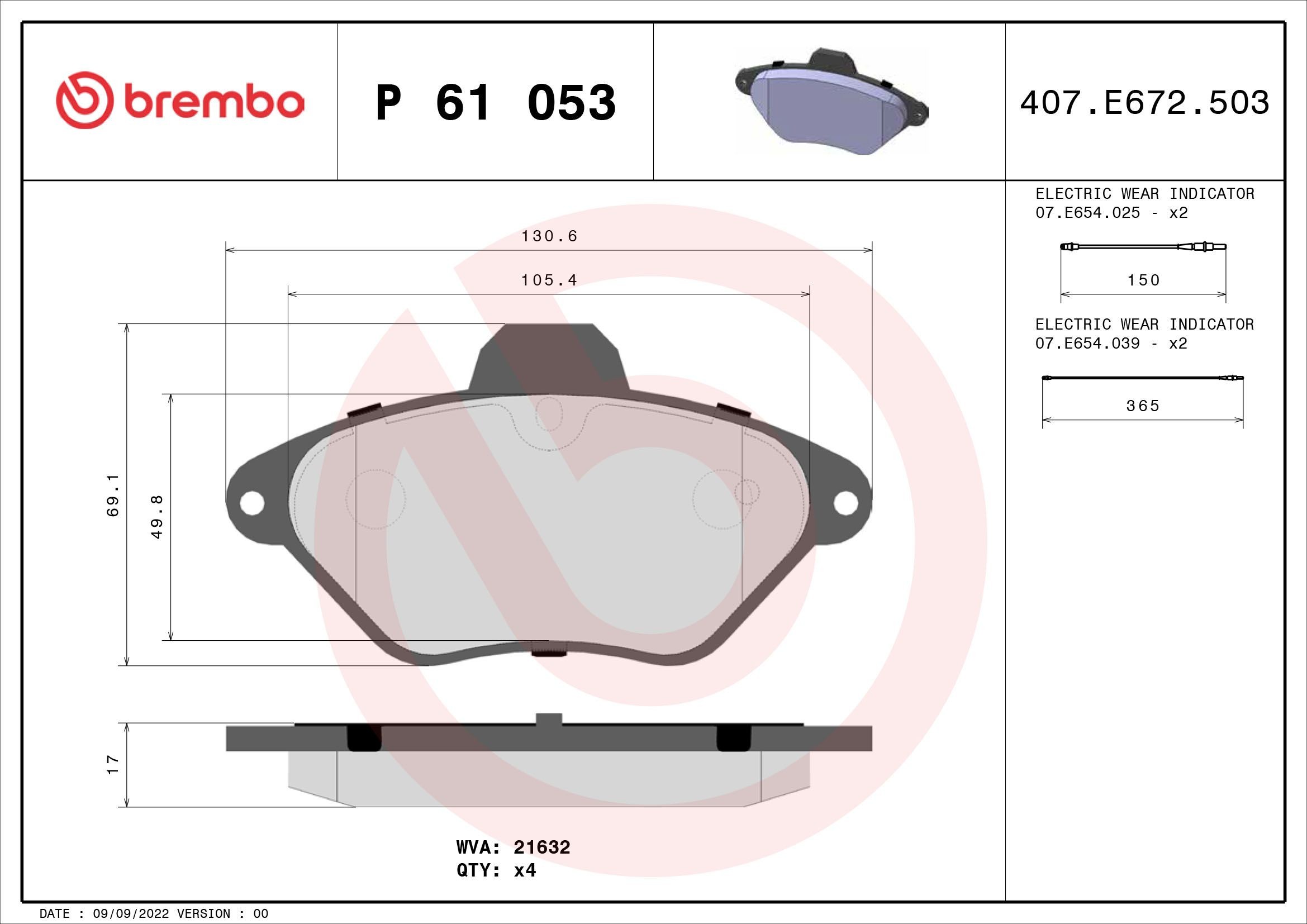 Original BREMBO 21632 Brake pad kit P 61 053 for CITROЁN XANTIA