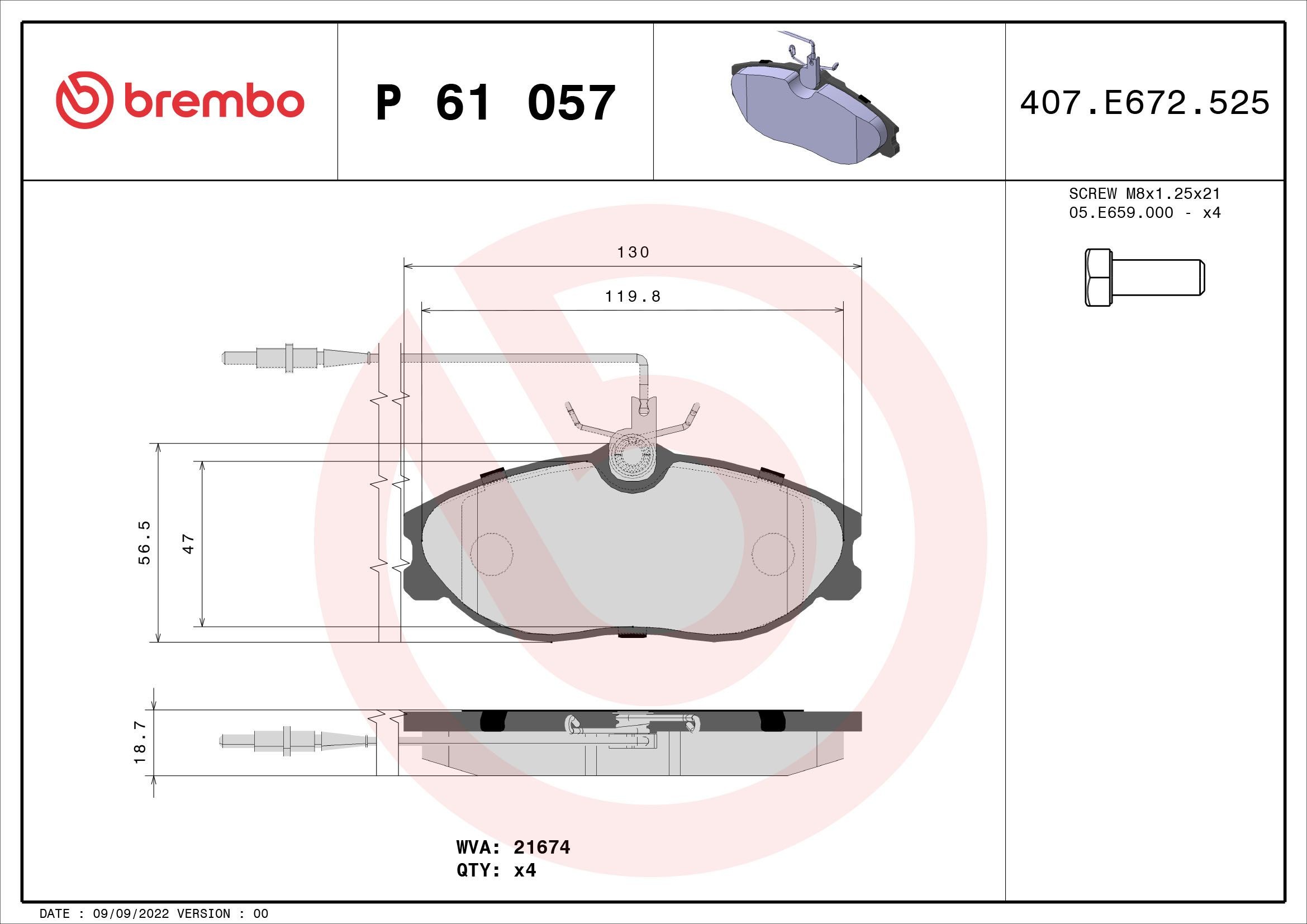 P61057 Set of brake pads D1221 8342 BREMBO incl. wear warning contact, with brake caliper screws, with accessories
