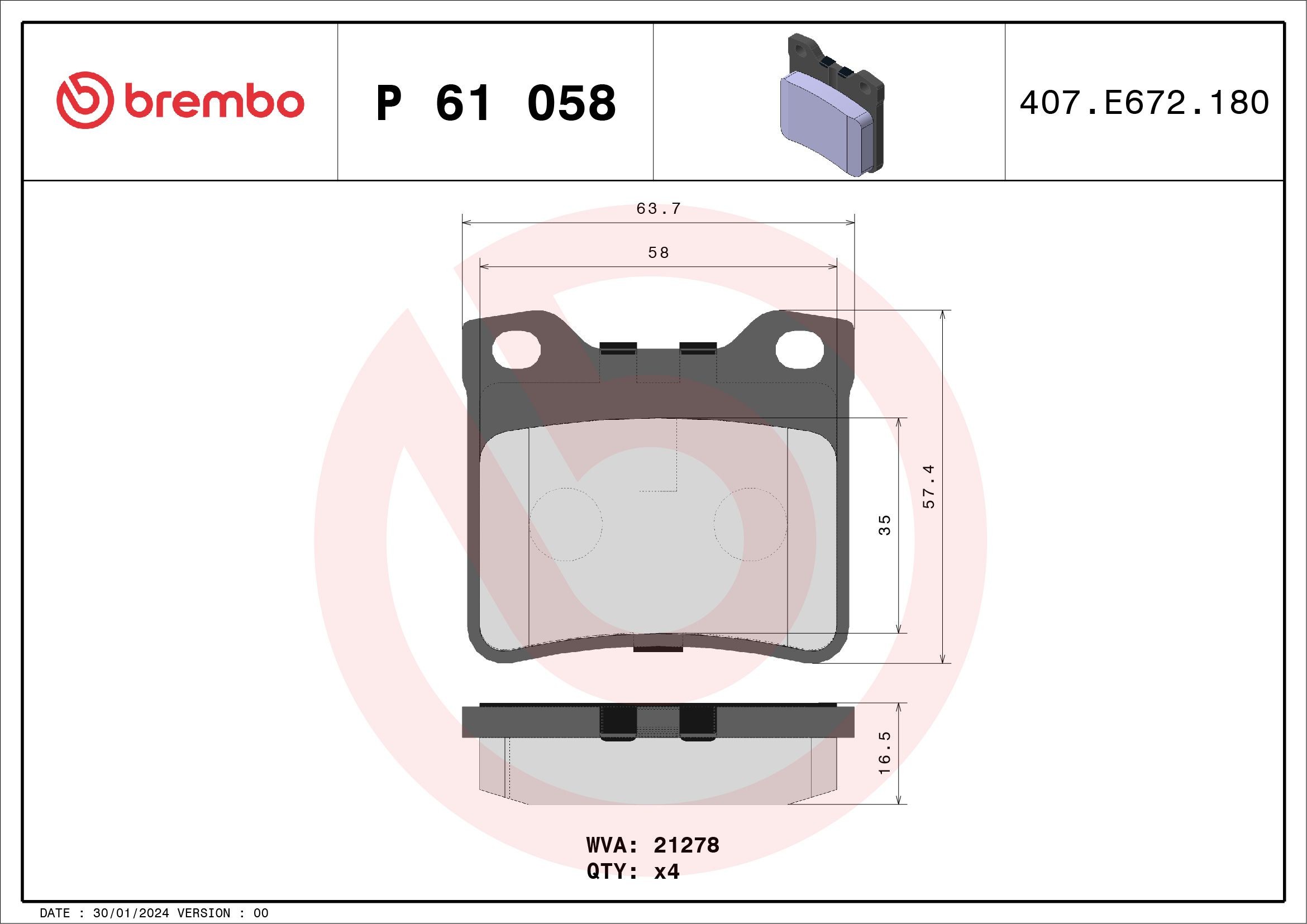P61058 Set of brake pads P 61 058 BREMBO excl. wear warning contact, with anti-squeak plate, without accessories