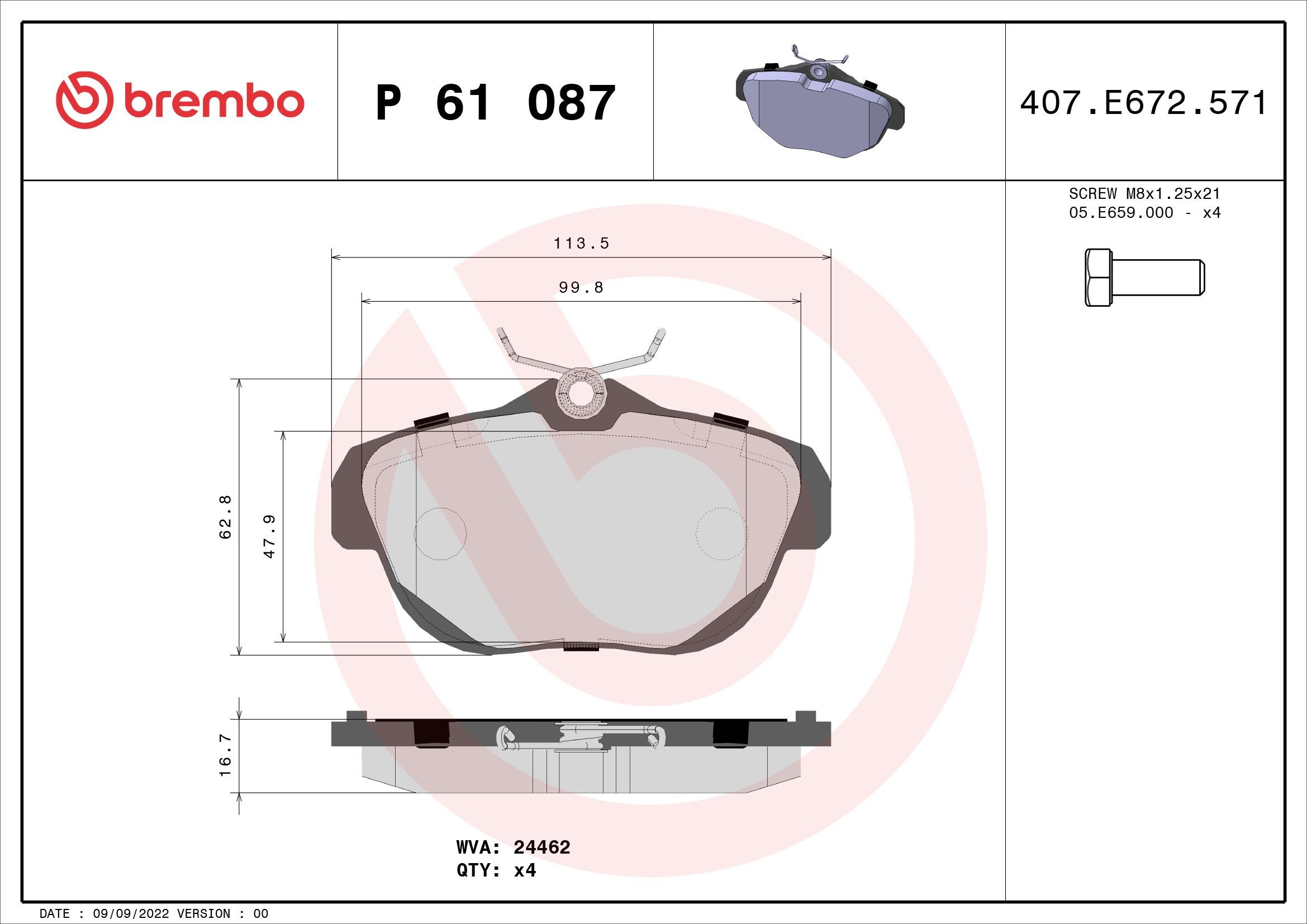 BREMBO P 61 087 Brake pad set excl. wear warning contact, with brake caliper screws, with anti-squeak plate, without accessories