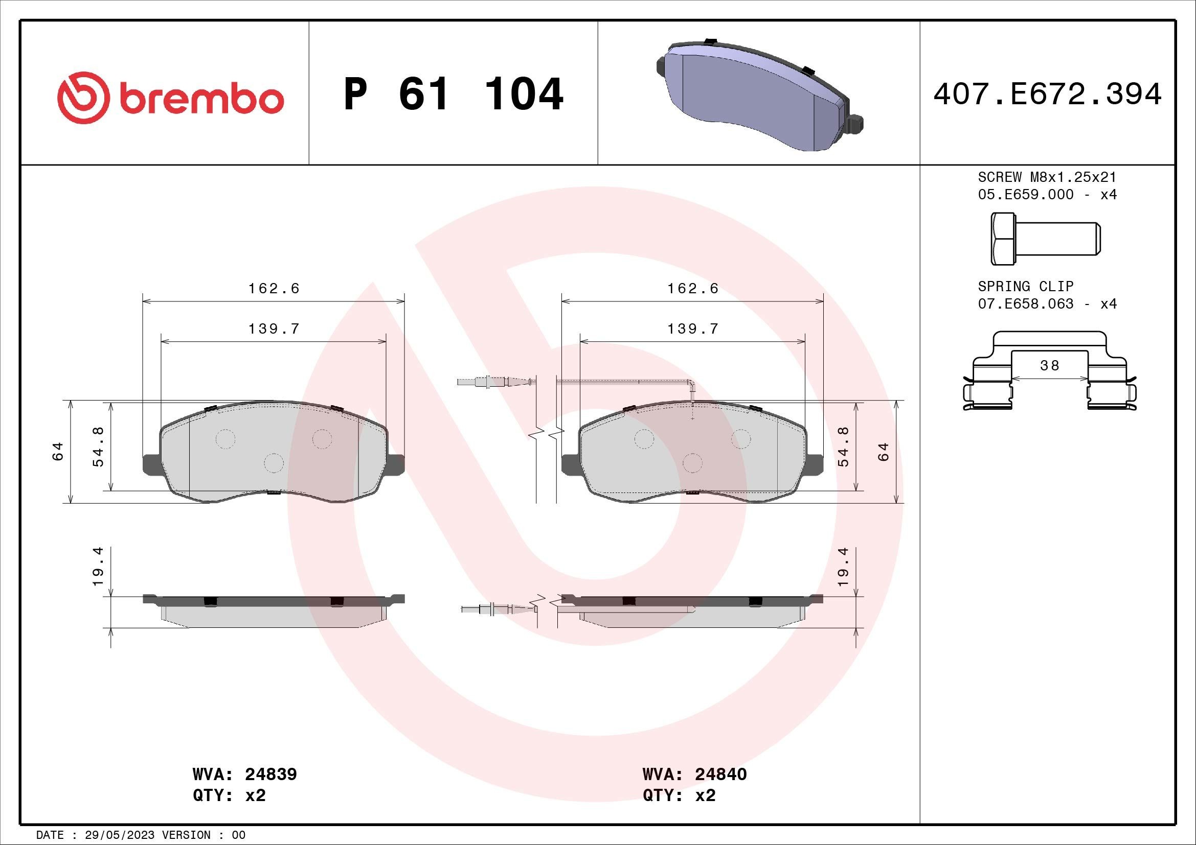 24839 BREMBO Höhe: 64mm, Breite: 163mm, Dicke/Stärke: 19mm Bremsbelagsatz P 61 104 günstig kaufen