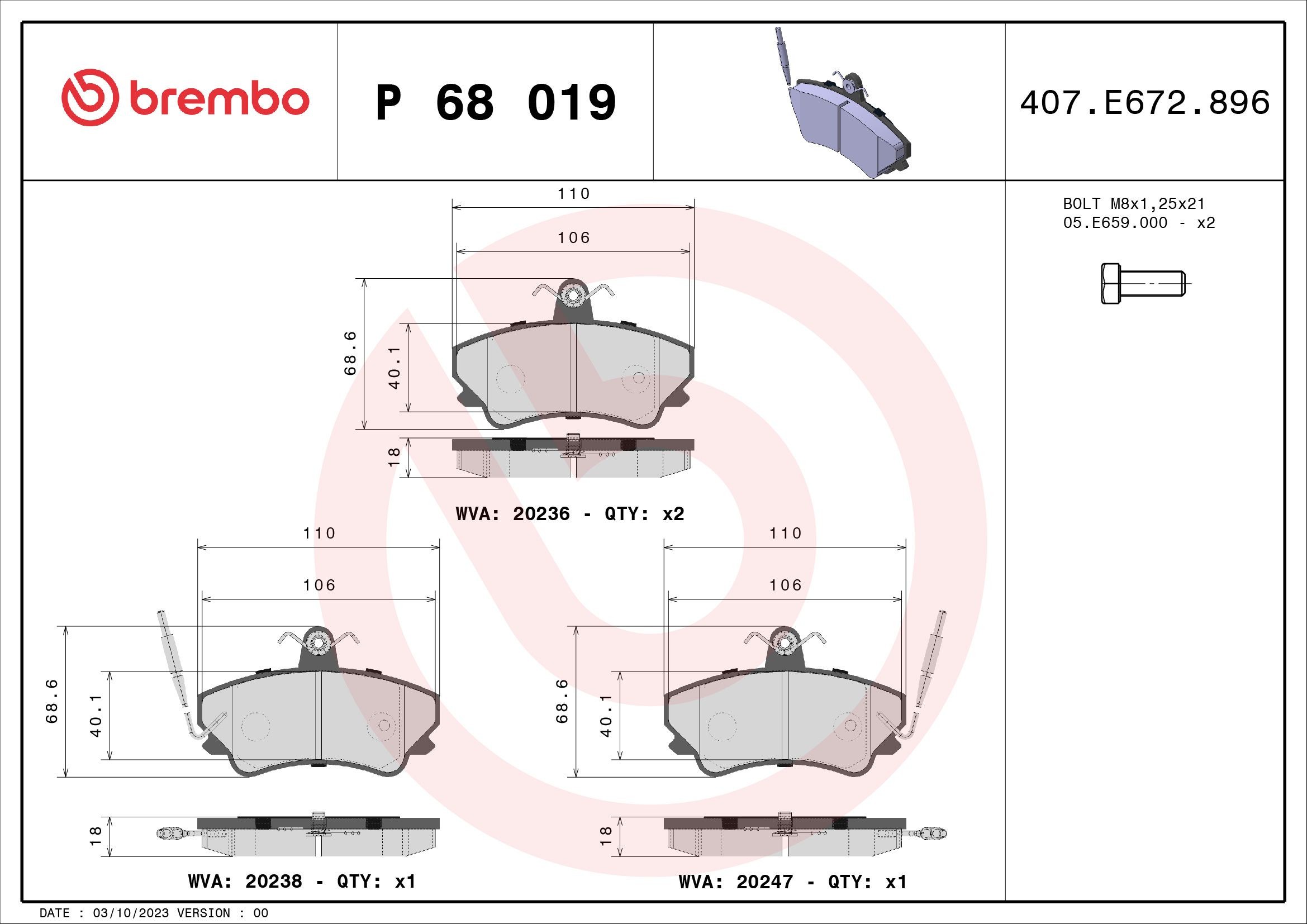 20236 BREMBO P68019 Brake pad set 6025 170 170