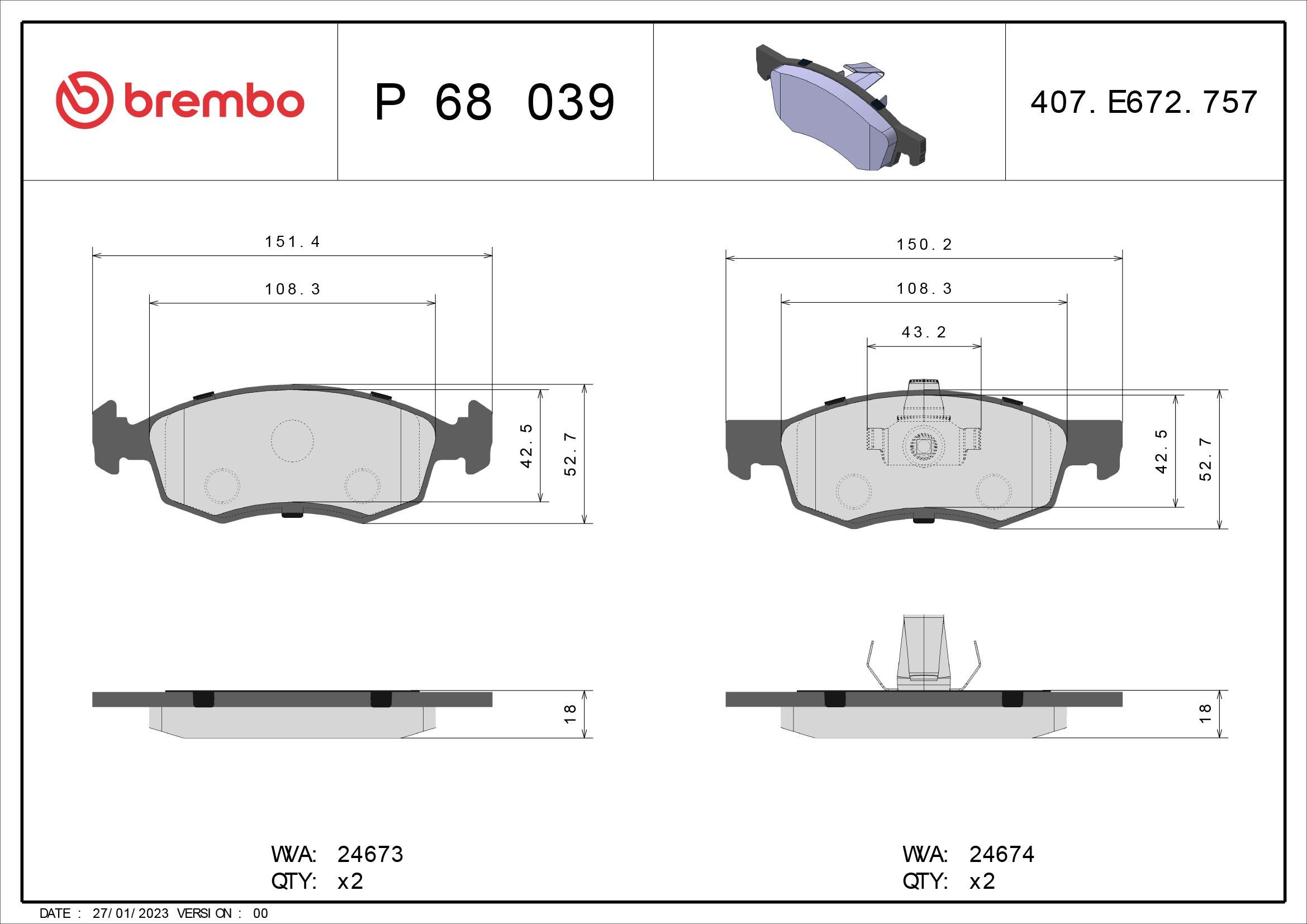 P 68 039 BREMBO Brake pad set DACIA excl. wear warning contact, without accessories