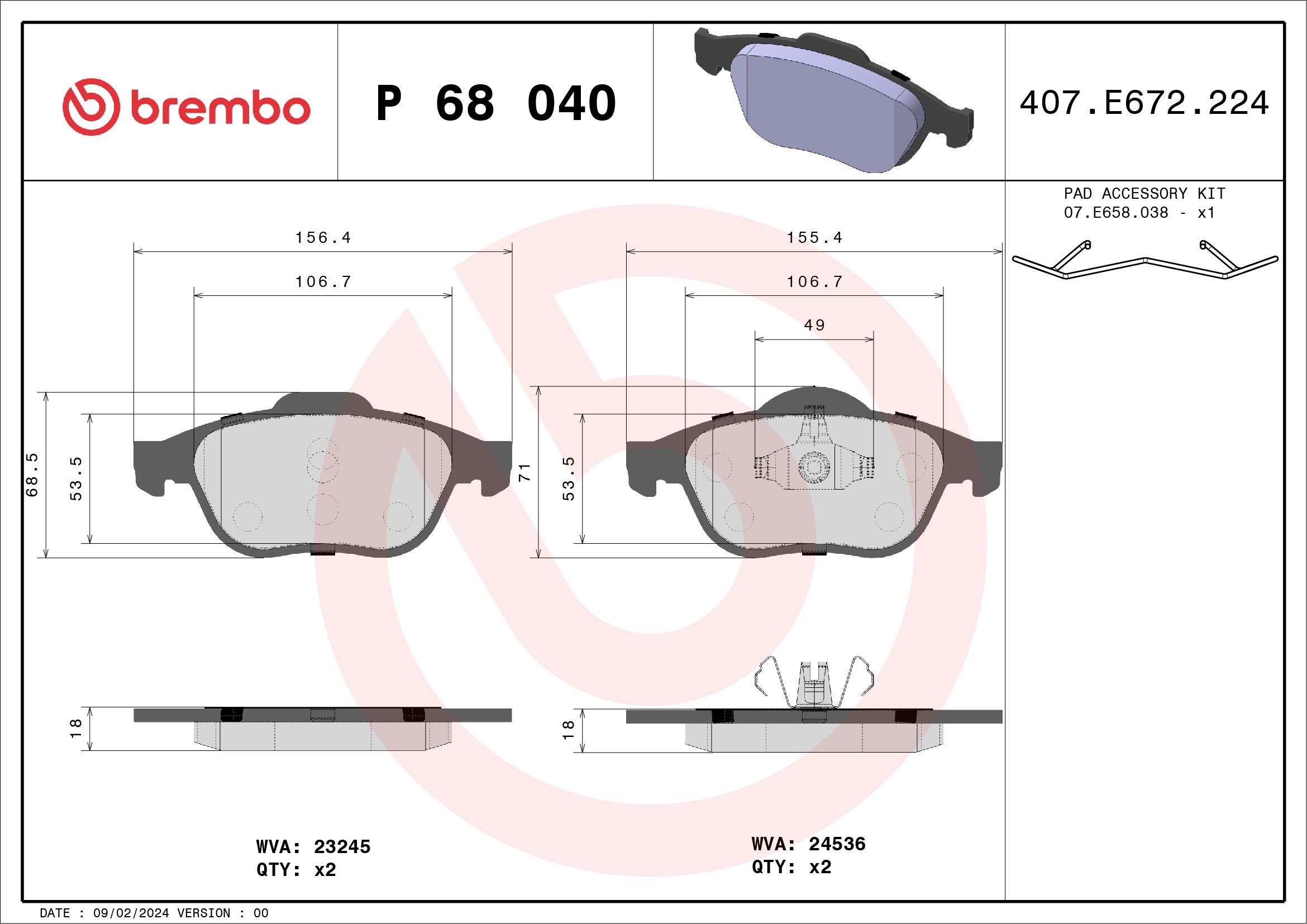 P68040 Set of brake pads D1456 8656 BREMBO excl. wear warning contact, with piston clip, with accessories