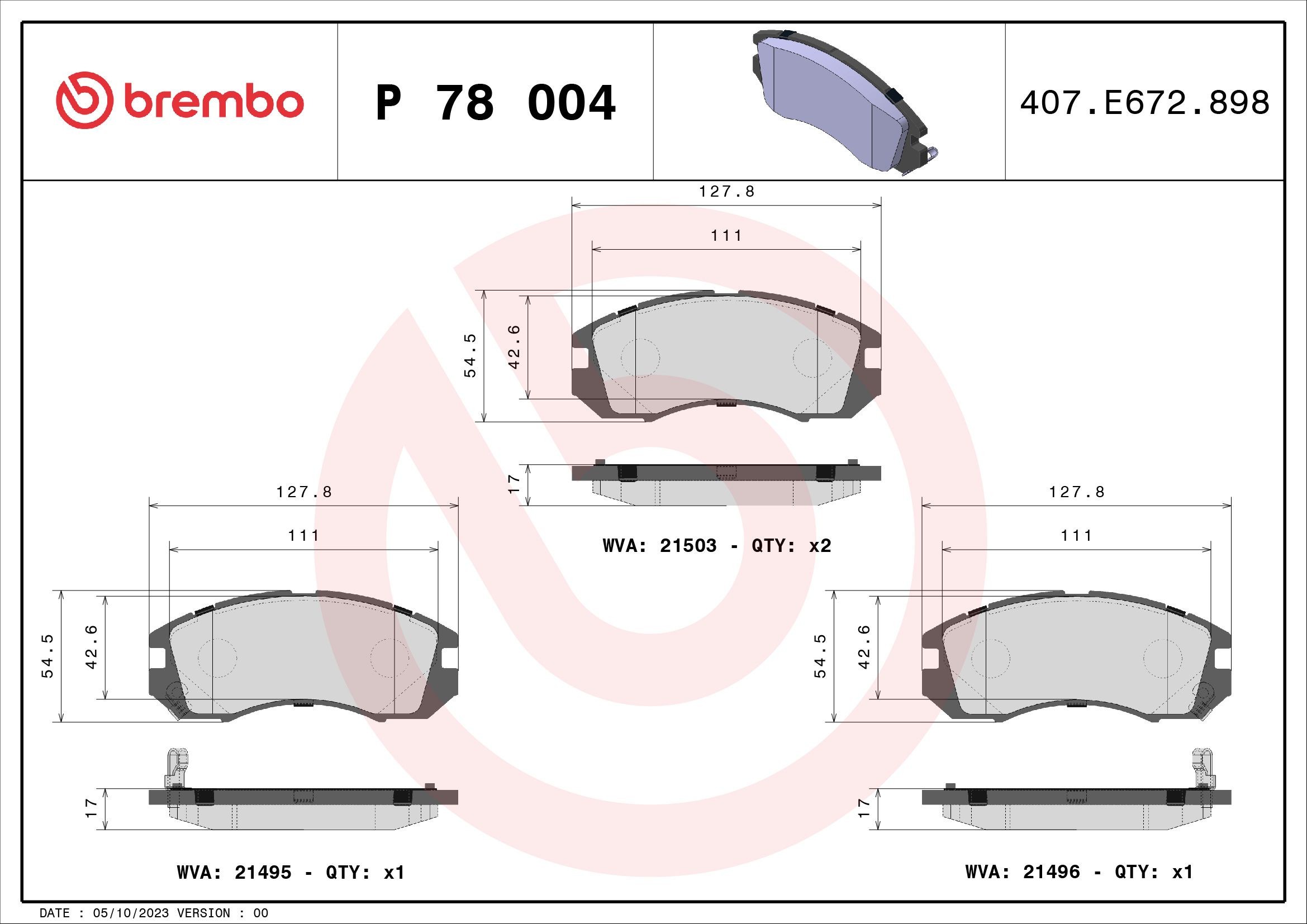 21495 BREMBO P78004 Brake pad set 26296-AA143
