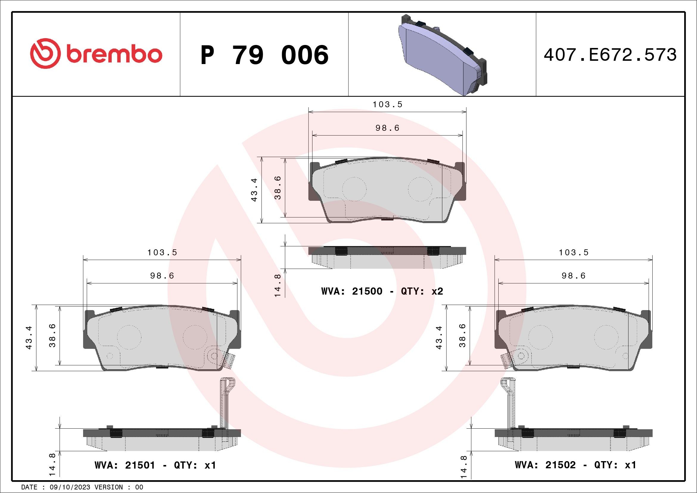 21500 BREMBO P79006 Brake pad set 5520060A42000