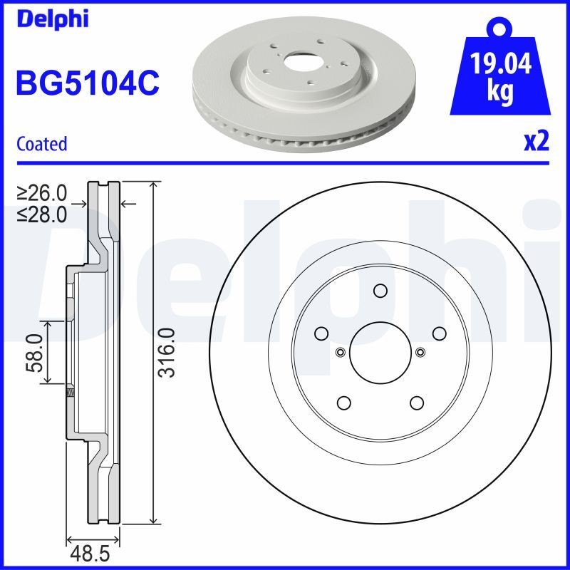 BG5104C DELPHI Brake rotors SUBARU 316x28mm, 5, Vented, Coated, Untreated