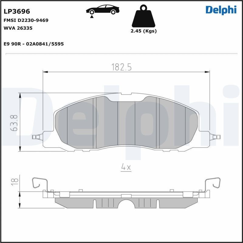 DELPHI not prepared for wear indicator, with anti-squeak plate, without accessories Height 1: 63,8mm, Height 2: 63,8mm, Width 1: 182,5mm, Width 2 [mm]: 182,5mm, Thickness 1: 18mm, Thickness 2: 18mm Brake pads LP3696 buy