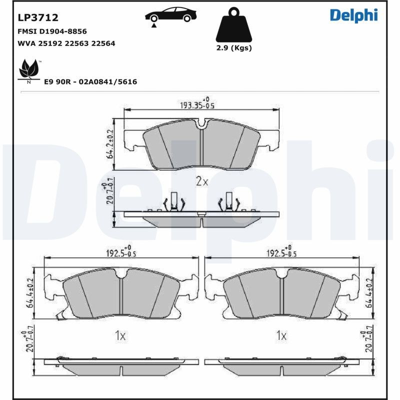 DELPHI with acoustic wear warning, with anti-squeak plate, without accessories Height 1: 64,2mm, Height 2: 64,4mm, Width 1: 193,4mm, Width 2 [mm]: 192,5mm, Thickness 1: 20,7mm, Thickness 2: 20,7mm Brake pads LP3712 buy
