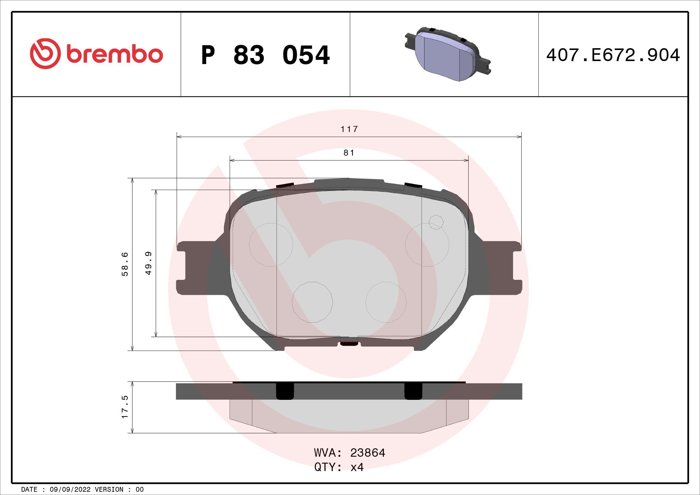 23864 BREMBO excl. wear warning contact, without accessories Height: 59mm, Width: 118mm, Thickness: 17mm Brake pads P 83 054 buy