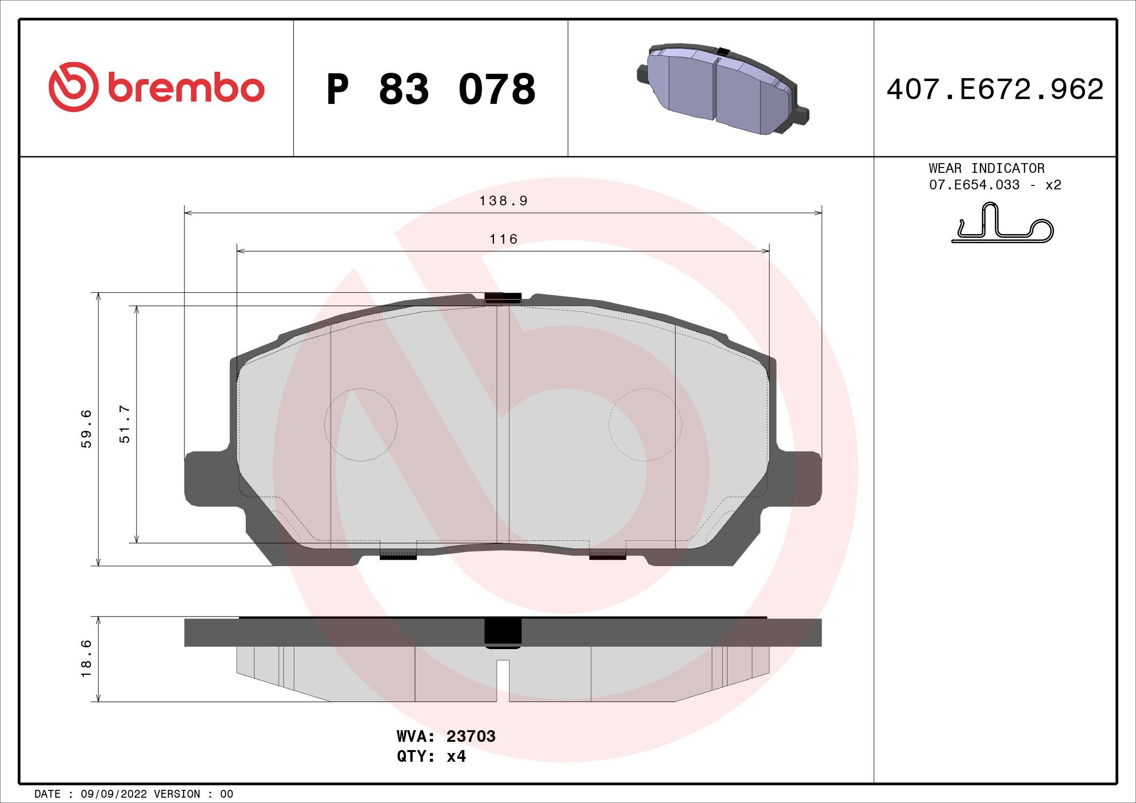 Original BREMBO 23703 Brake pad kit P 83 078 for LEXUS RX