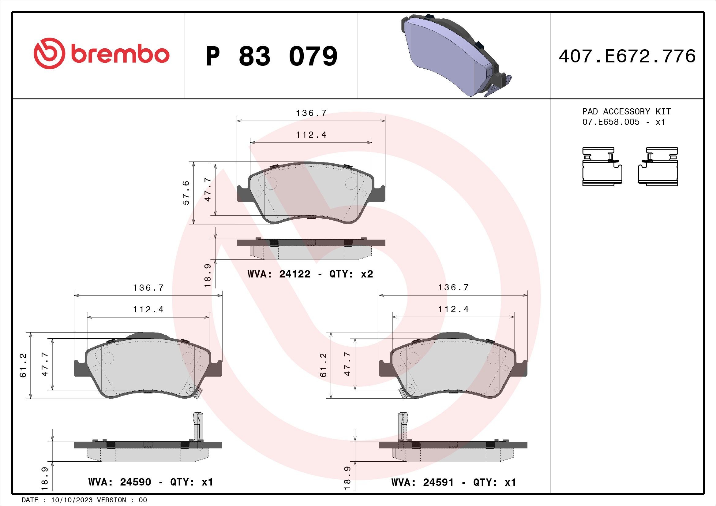 P83079 Set of brake pads D1571 8780 BREMBO with acoustic wear warning, with anti-squeak plate, with accessories
