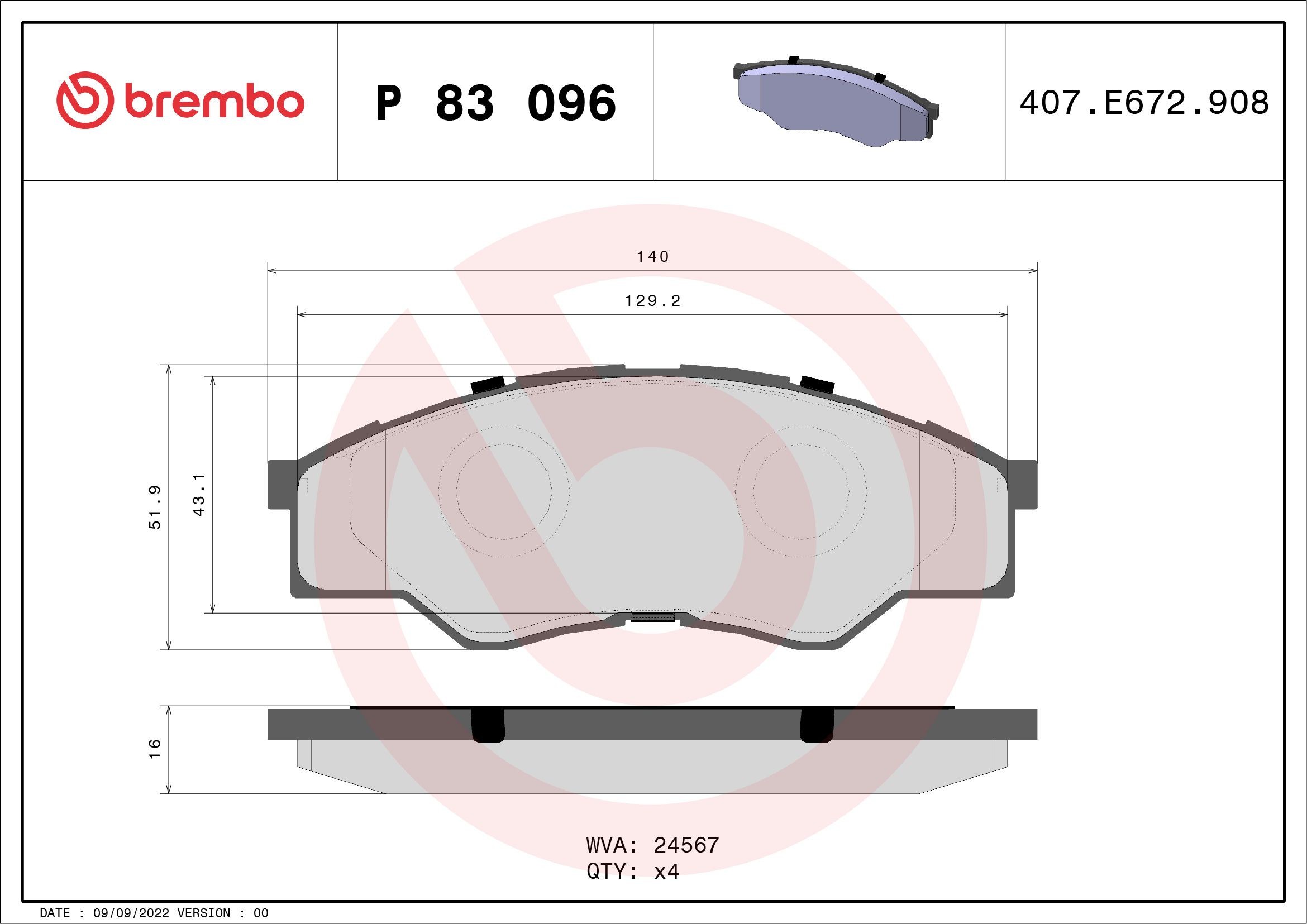 24567 BREMBO P83096 Brake pad set 04465 0K160