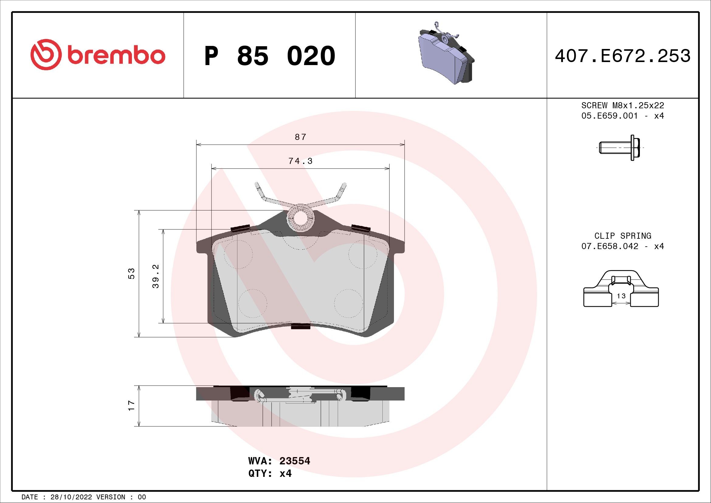 P85020 Set of brake pads D1017 7920 BREMBO excl. wear warning contact, with brake caliper screws, with accessories