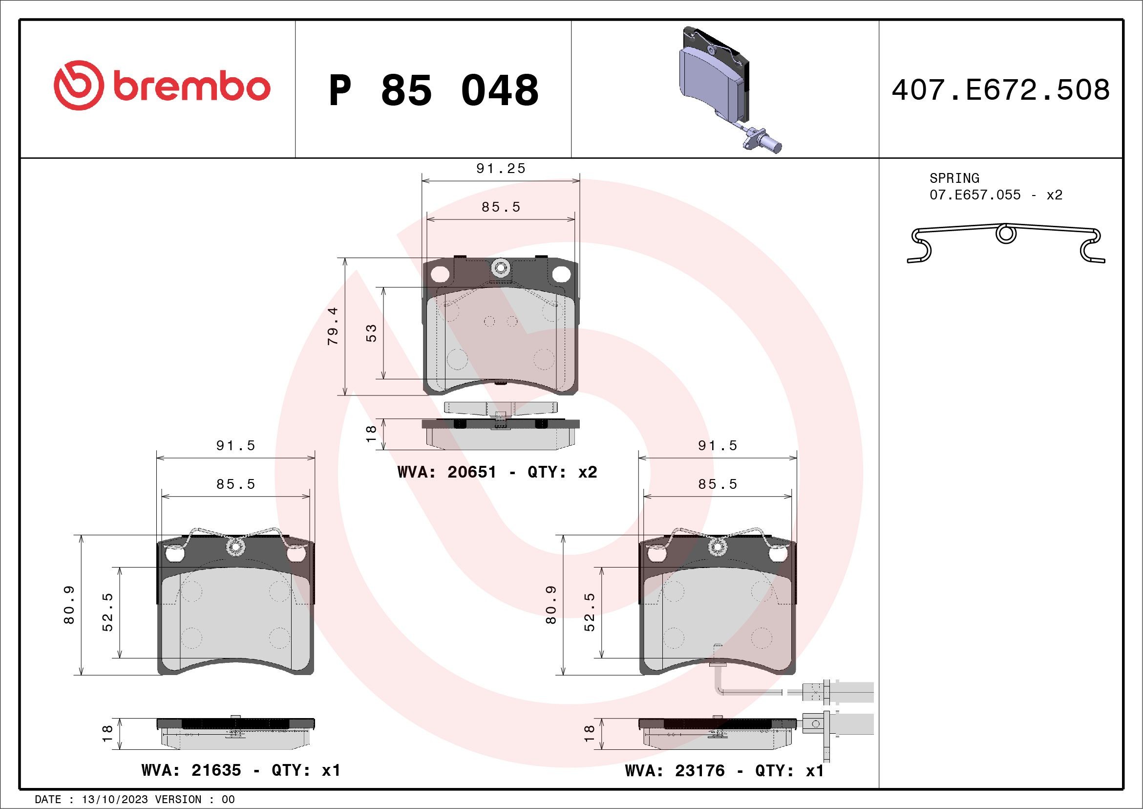 BREMBO P 85 048 Brake pad set incl. wear warning contact, with accessories