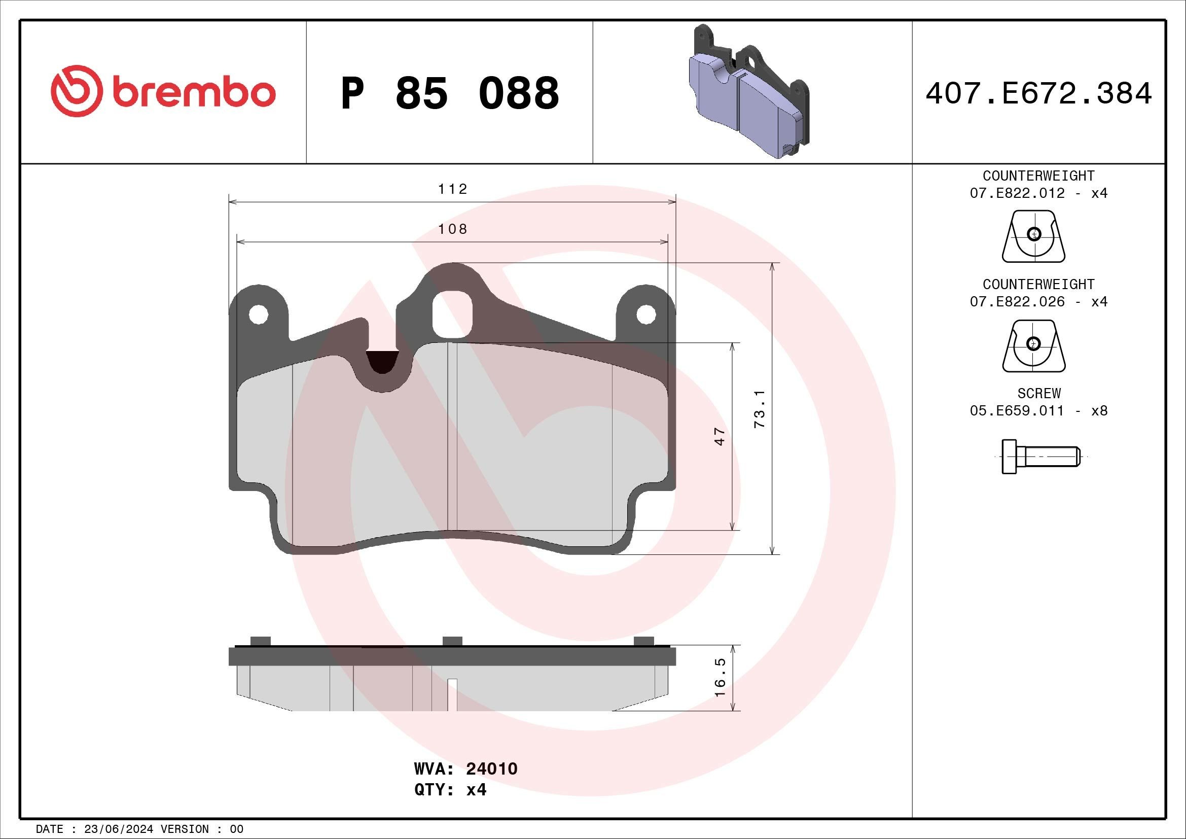 7908D978 BREMBO für Verschleißwarnanzeiger vorbereitet, mit Anti-Quietsch-Blech, mit Ausgleichsgewichten Höhe: 73mm, Breite: 112mm, Dicke/Stärke: 17mm Bremsbelagsatz P 85 088 günstig kaufen