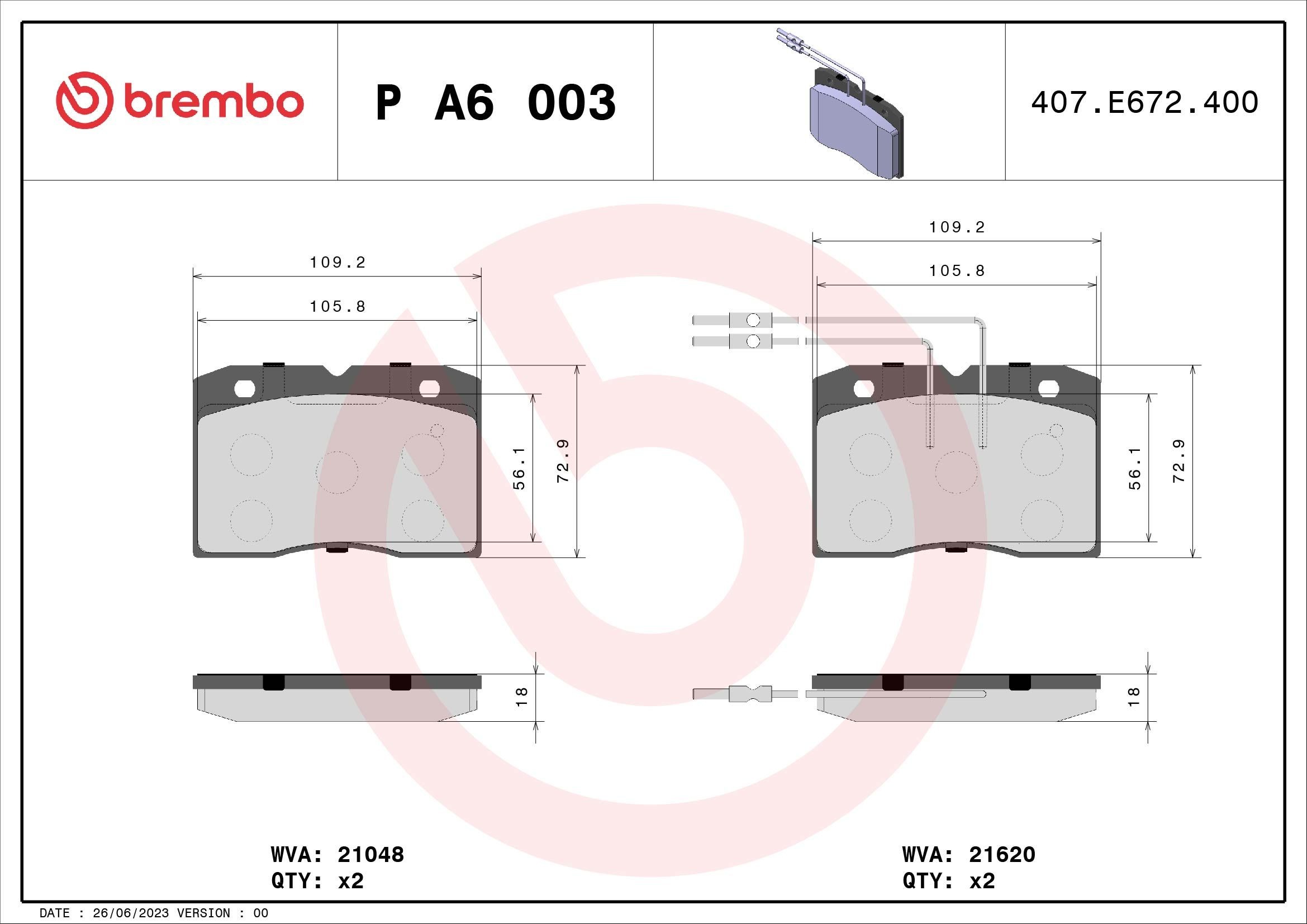 BREMBO P A6 003 Brake pad set incl. wear warning contact, without accessories