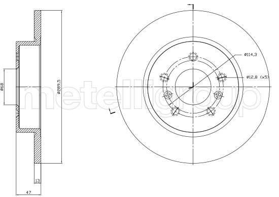23-1763C METELLI Brake rotors NISSAN 289,5x13,0mm, 5x68,0, solid, Painted