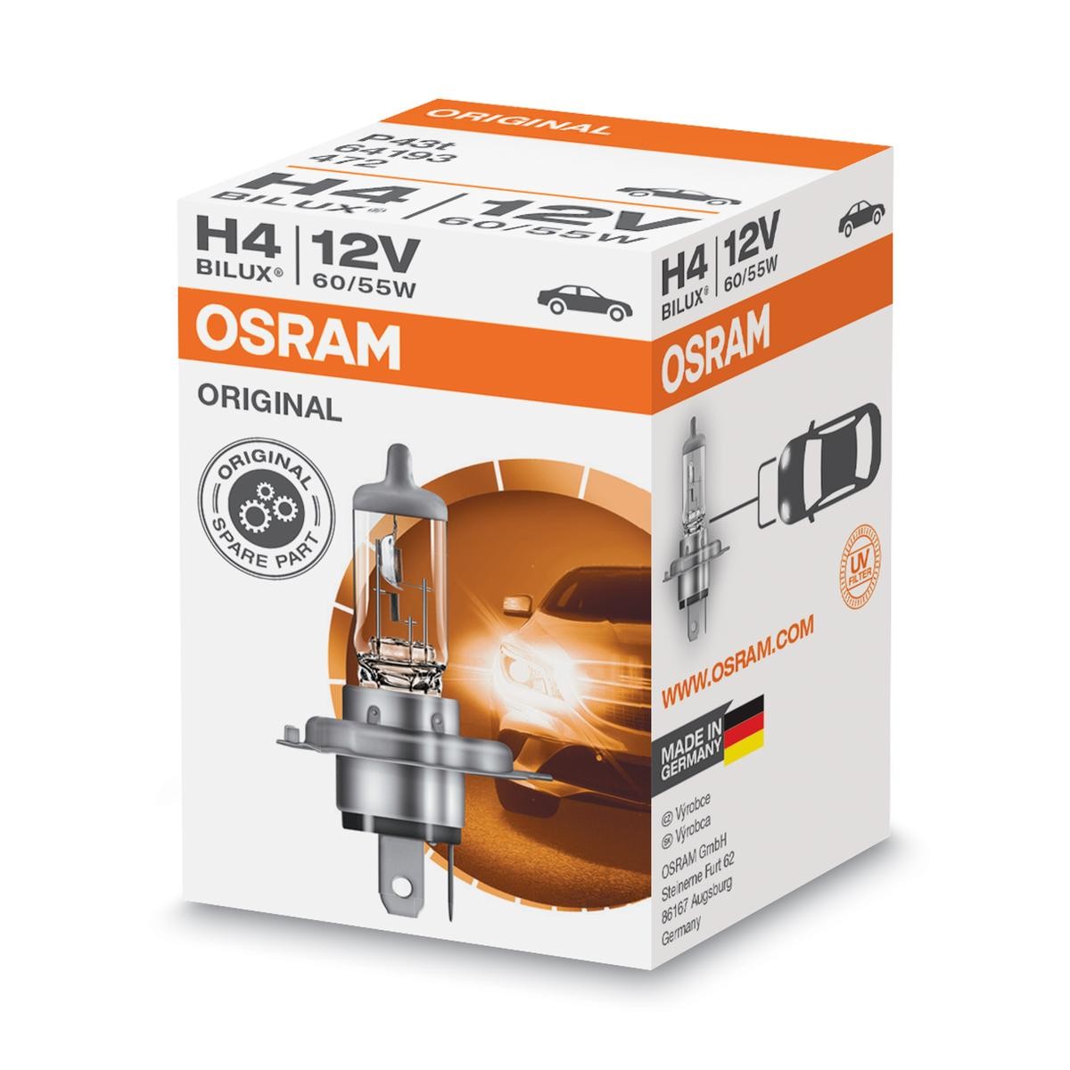 64193 OSRAM ORIGINAL LINE H4 12V 60/55W P43t, 3200K, Halogène Ampoule, projecteur  longue portée