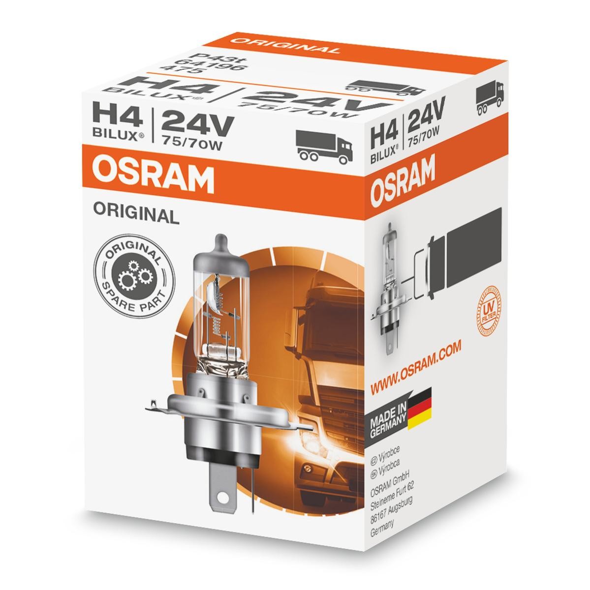 OSRAM ORIGINAL LINE 64196 Bulb, spotlight H4 24V 75/70W P43t, 3200K, Halogen