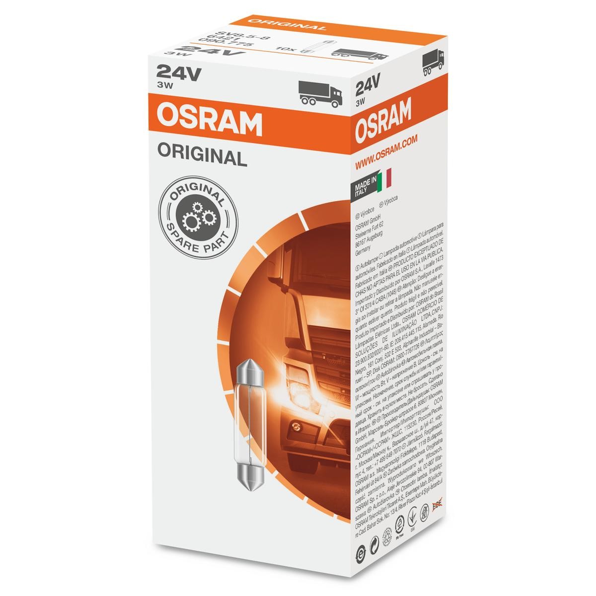6421 OSRAM Number plate light bulb FIAT 24V 3W, Socket Bulb, SV8.5-8