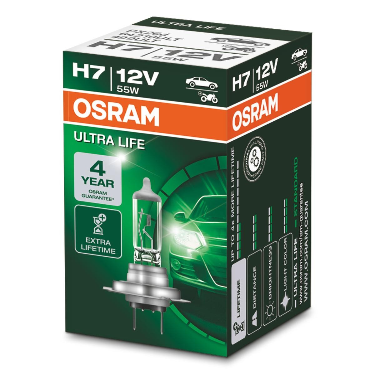 Купете H7 OSRAM ULTRA LIFE H7 12волт 55ват3200K халогенен Крушка с нагреваема жичка, фар за дълги светлини 64210ULT евтино