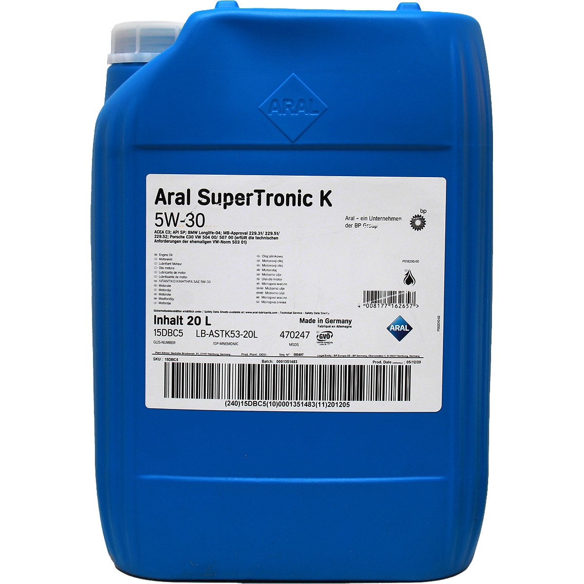 ARAL SuperTronic, K 15DBC5 Engine oil 5W-30, 20l