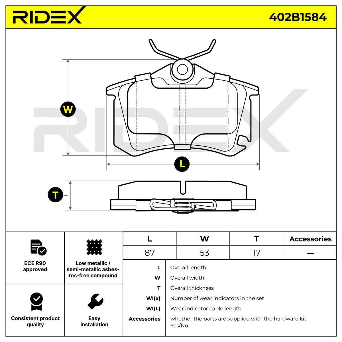 Pasticche 402B1584 RIDEX Assale posteriore, Predisposto per contatto segnalazione usura