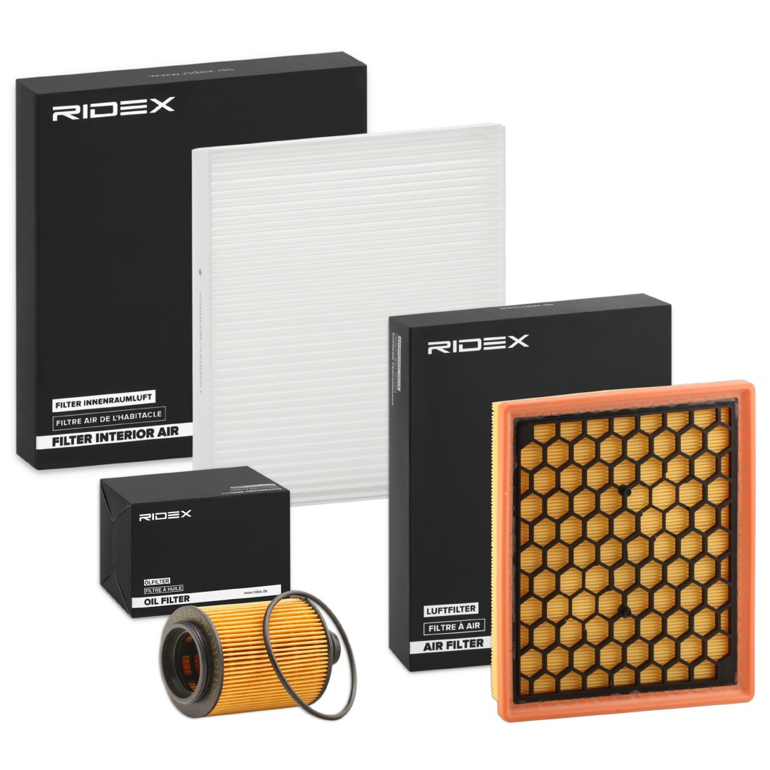 RIDEX 4055F3904 CHEVROLET Inspektionskit mit Luftfilter, ohne Ölablassschraube, Filtereinsatz, Partikelfilter, dreiteilig