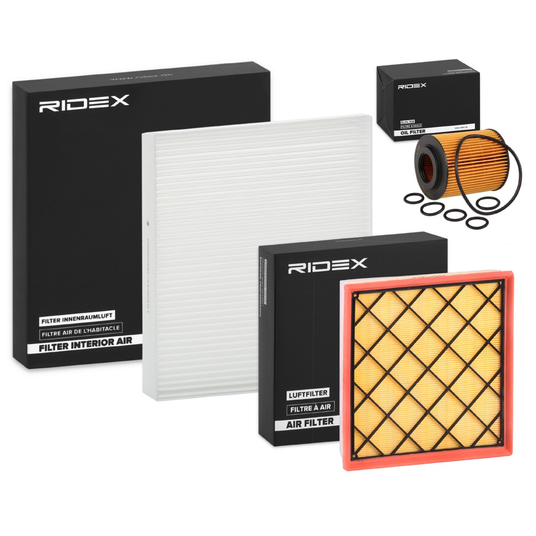 RIDEX 4055F20337 CHEVROLET Filtersatz mit Luftfilter, ohne Ölablassschraube, mit Dichtungen, mit Vorfilter, mit integriertem Gitter, Filtereinsatz, Partikelfilter, Umluftfilter, dreiteilig