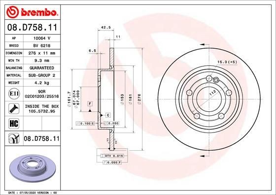 BREMBO 08.D758.11 Brake disc 276x11mm, 5, solid, Coated, High-carbon