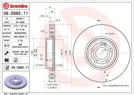BREMBO Brake disc rear and front A-Class Saloon (W177) new 09.D985.11