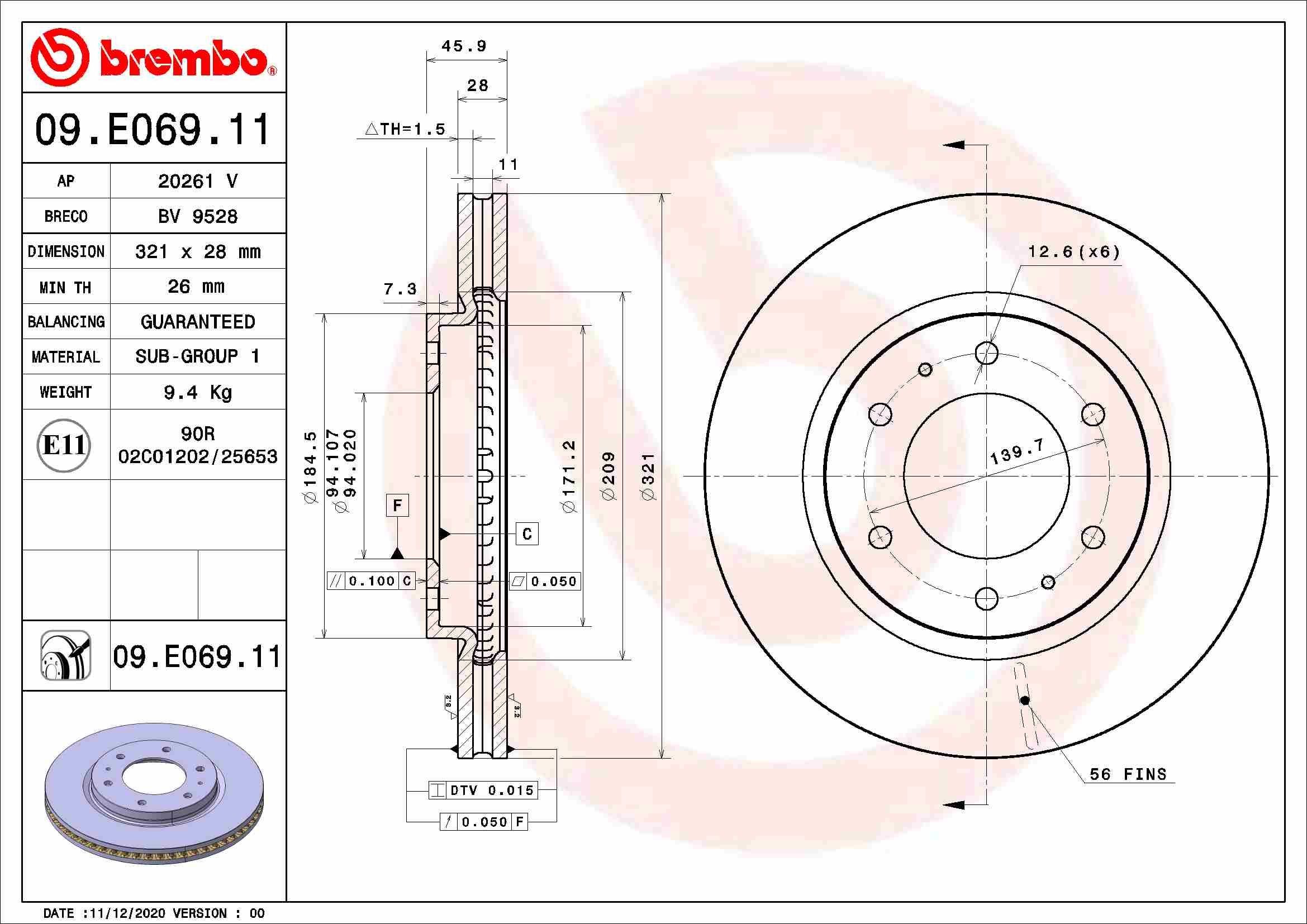 Original BREMBO Brake disc 09.E069.11 for MITSUBISHI L 200